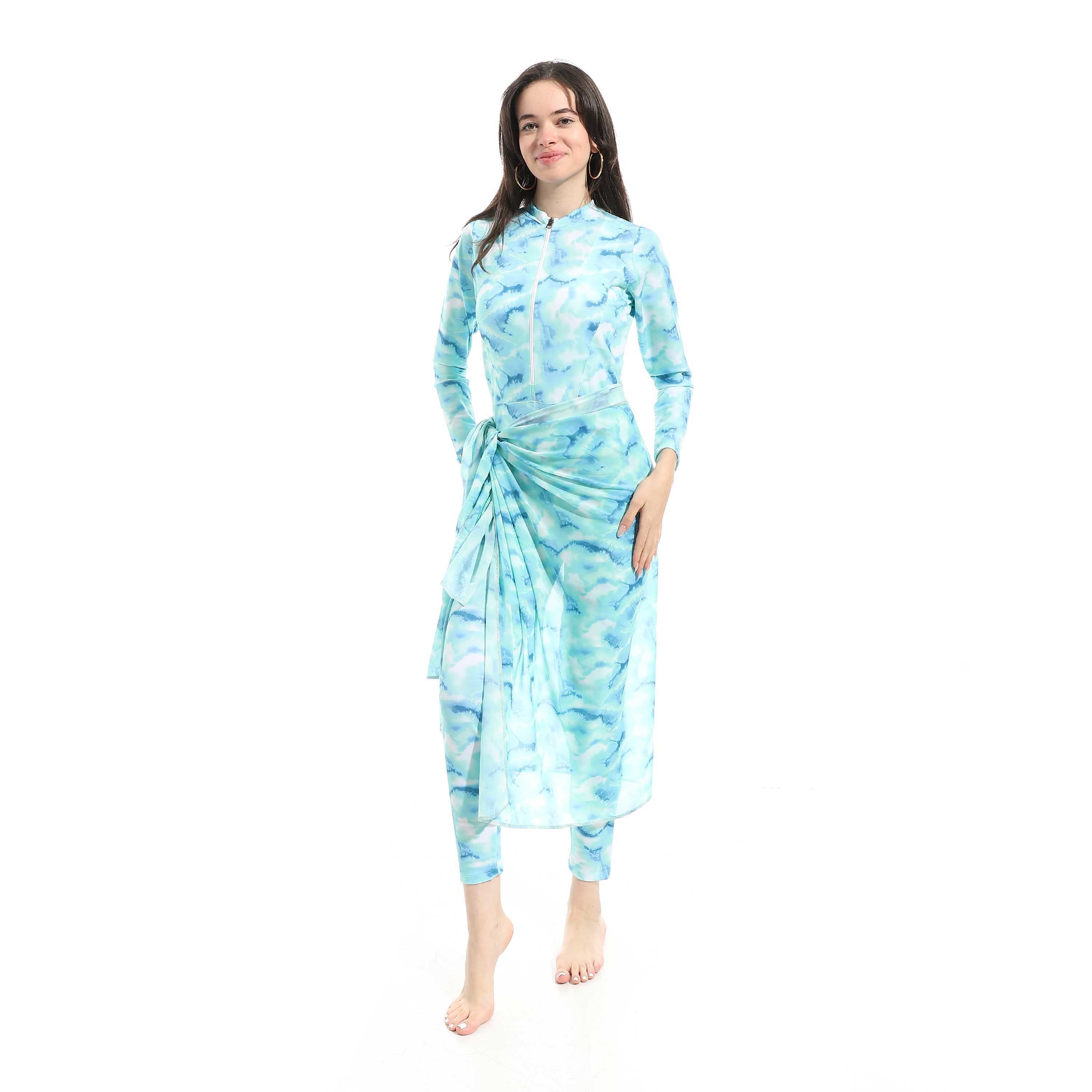 Women's Modest Swimwear Set - Long Sleeve Zip-Up Top with Sarong and Leggings (Blue Marble )