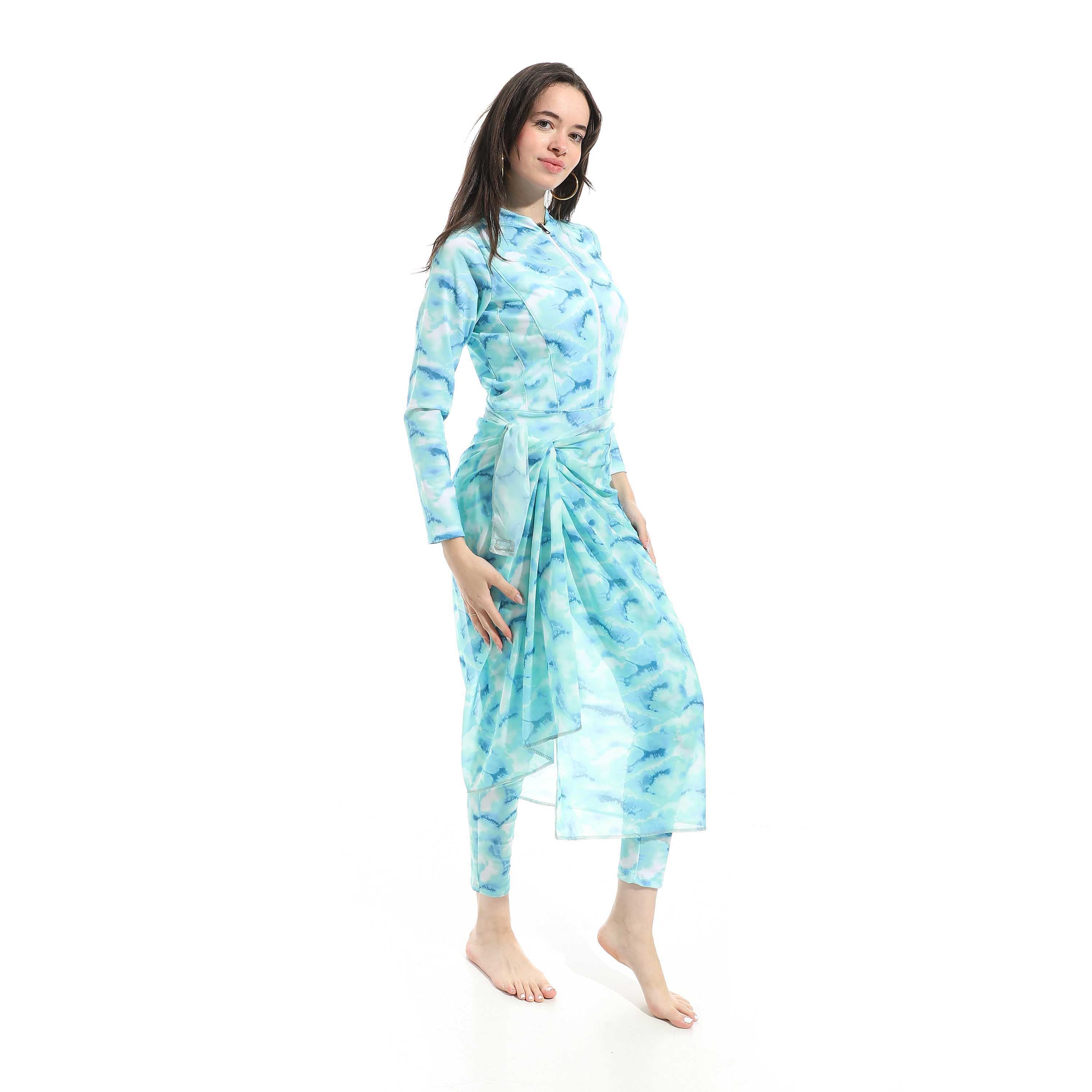 Women's Modest Swimwear Set - Long Sleeve Zip-Up Top with Sarong and Leggings (Blue Marble )