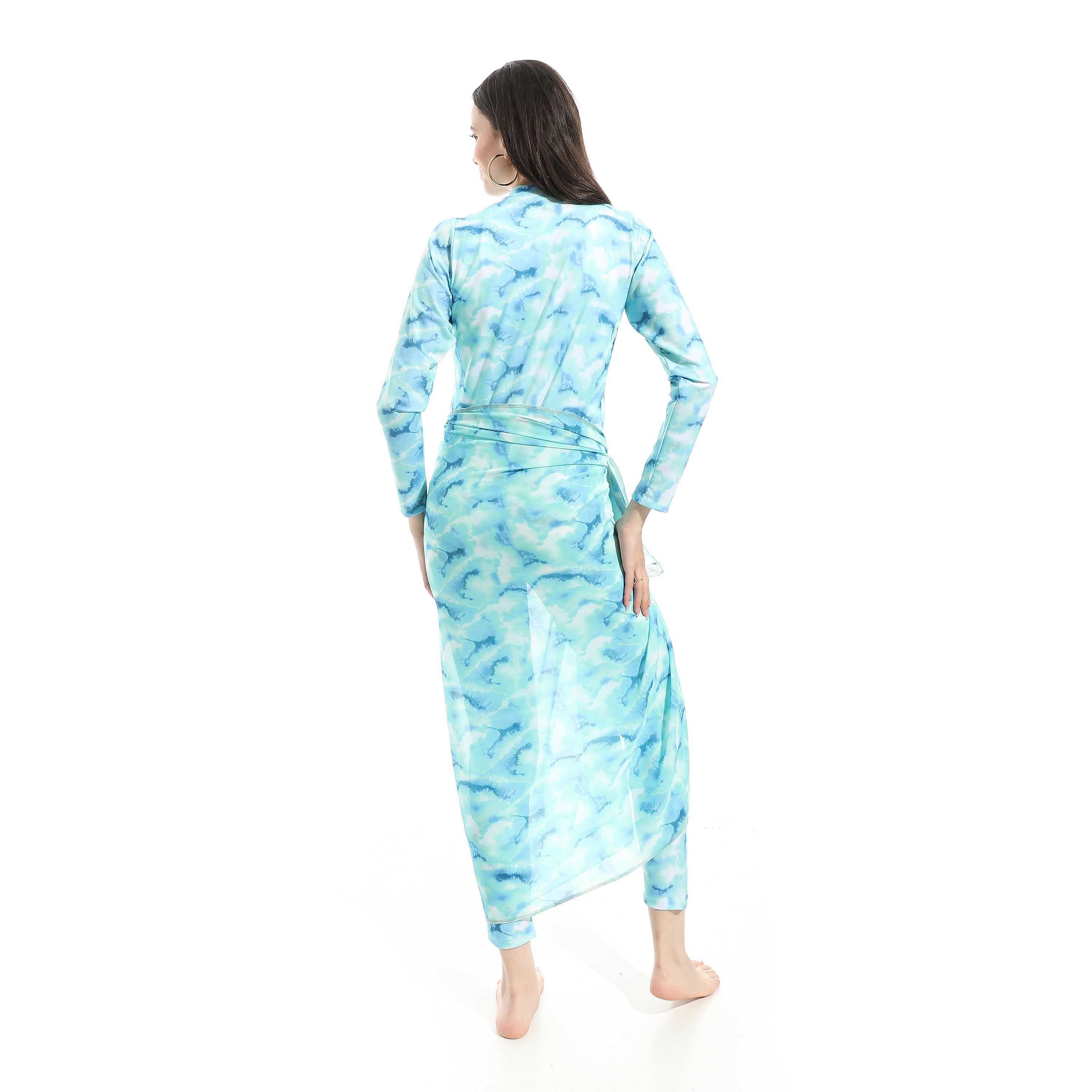 Women's Modest Swimwear Set - Long Sleeve Zip-Up Top with Sarong and Leggings (Blue Marble )