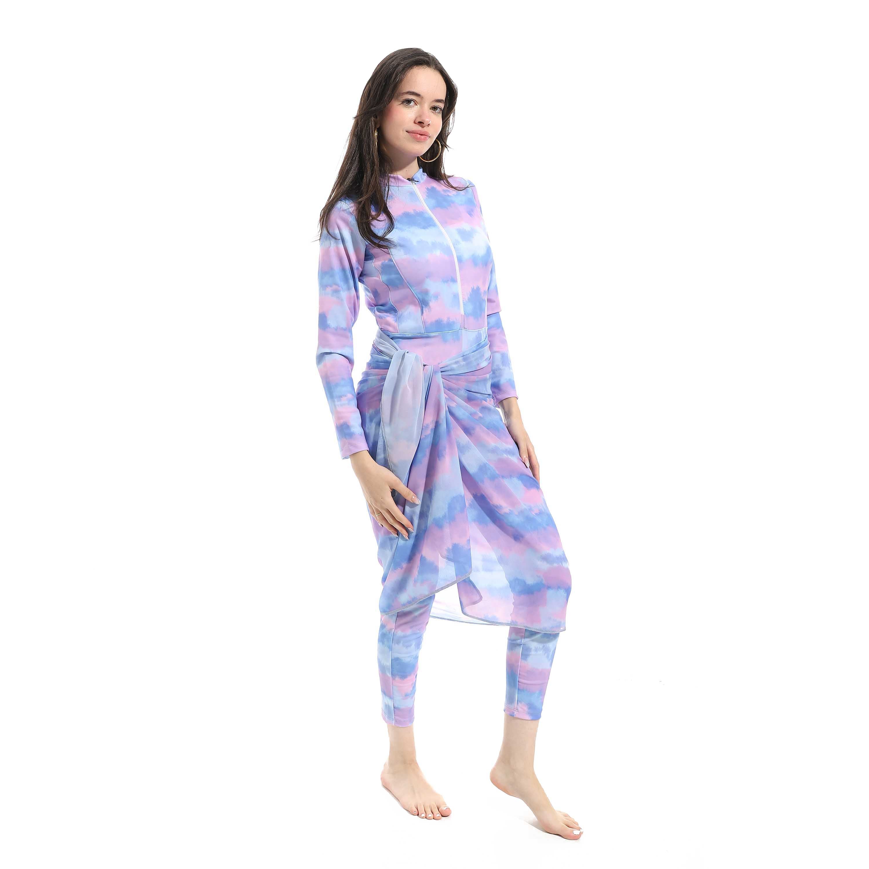 Women's Modest Swimwear Set - Long Sleeve Zip-Up Top with Sarong and Leggings (Purple Marble Tie-Dye)