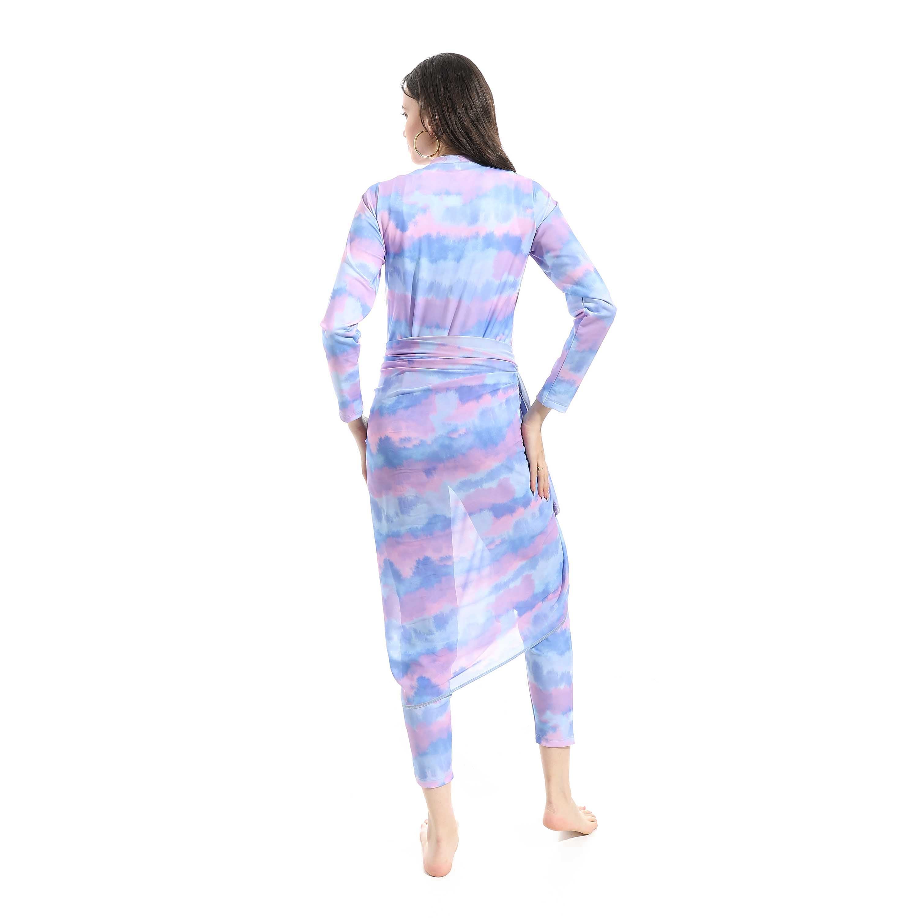Women's Modest Swimwear Set - Long Sleeve Zip-Up Top with Sarong and Leggings (Purple Marble Tie-Dye)