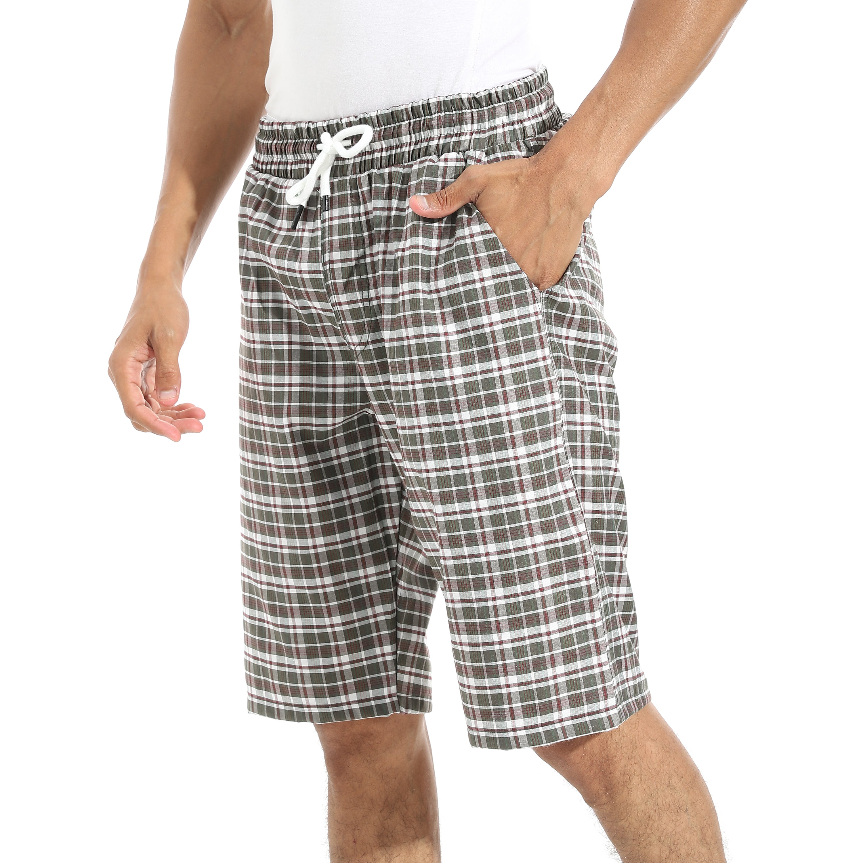 Men's Olive Gingham Check Lounge Shorts with Drawstring Waist