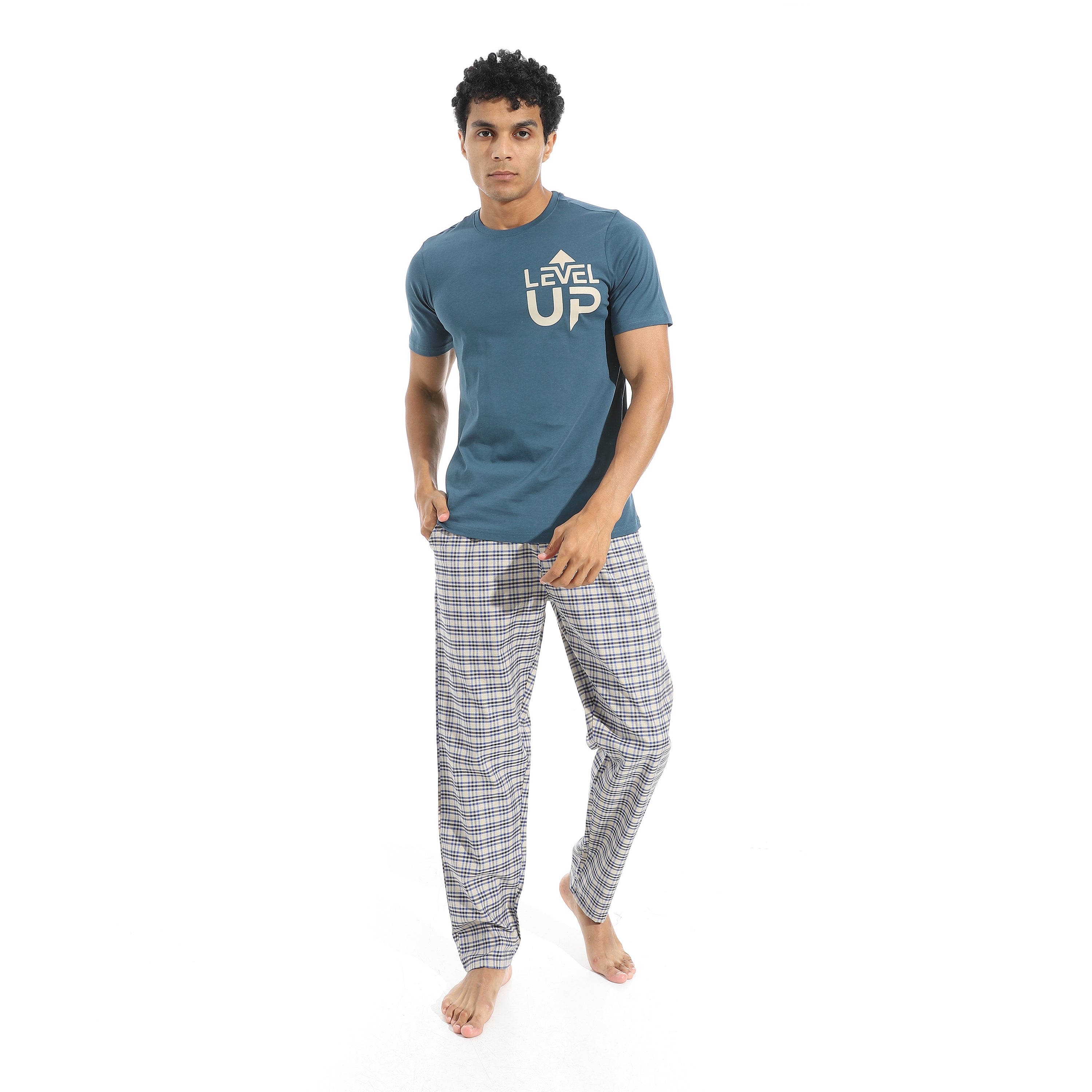 Men's Cotton Pajama Set – Petroleum Round neck T-Shirt & Petroleum Checkered Pants