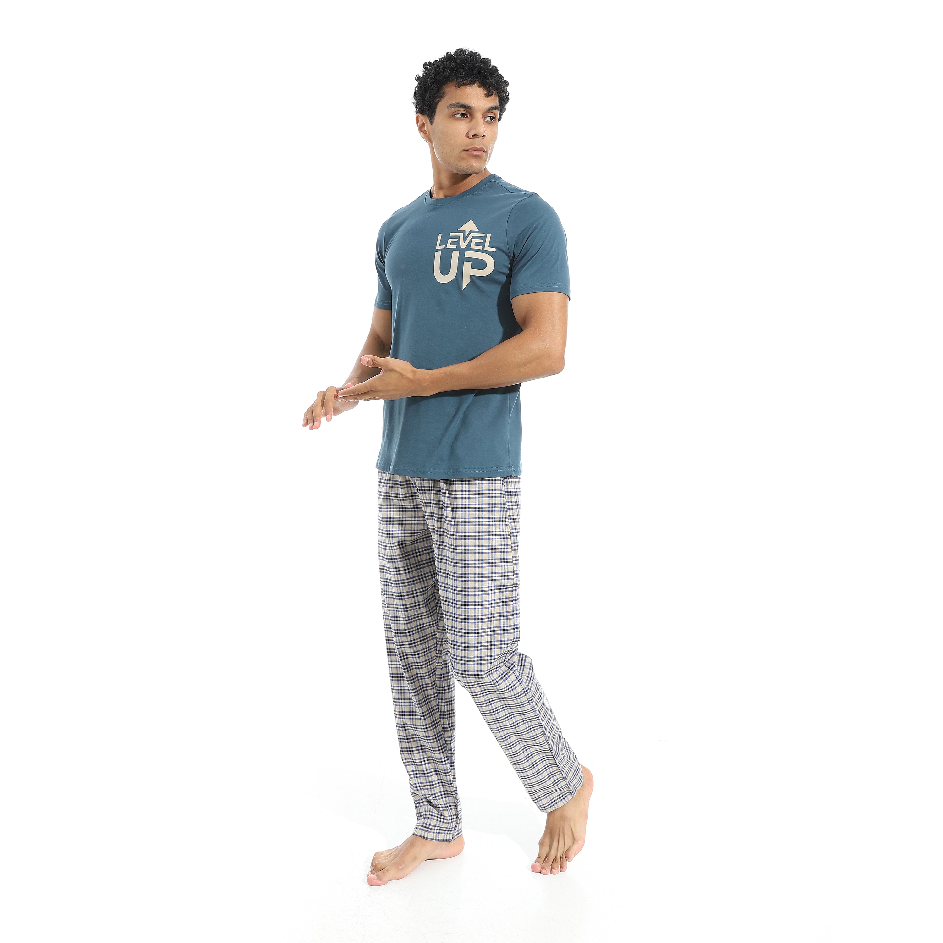 Men's Cotton Pajama Set – Petroleum Round neck T-Shirt & Petroleum Checkered Pants