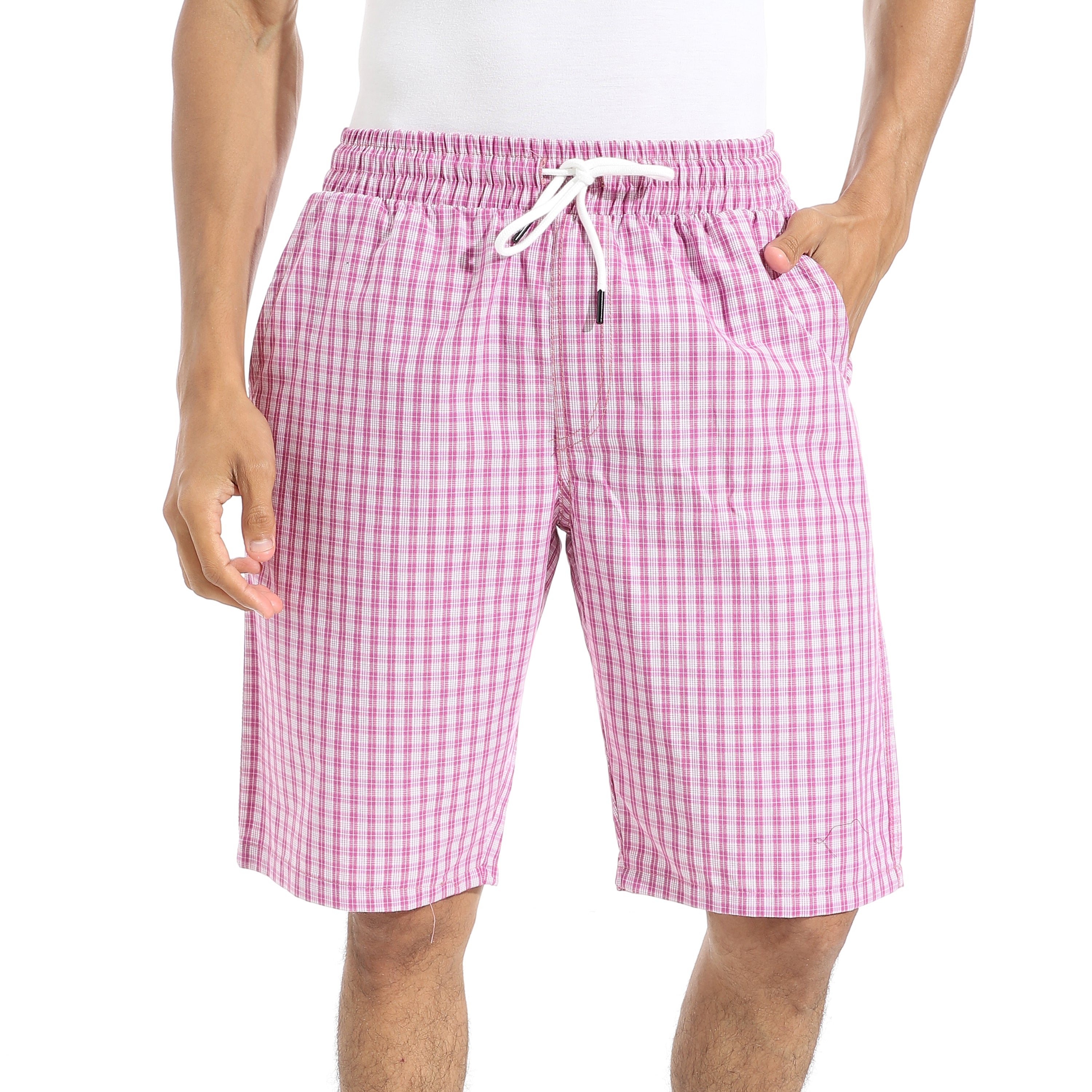Men's Pink Gingham Check Lounge Shorts with Drawstring Waist