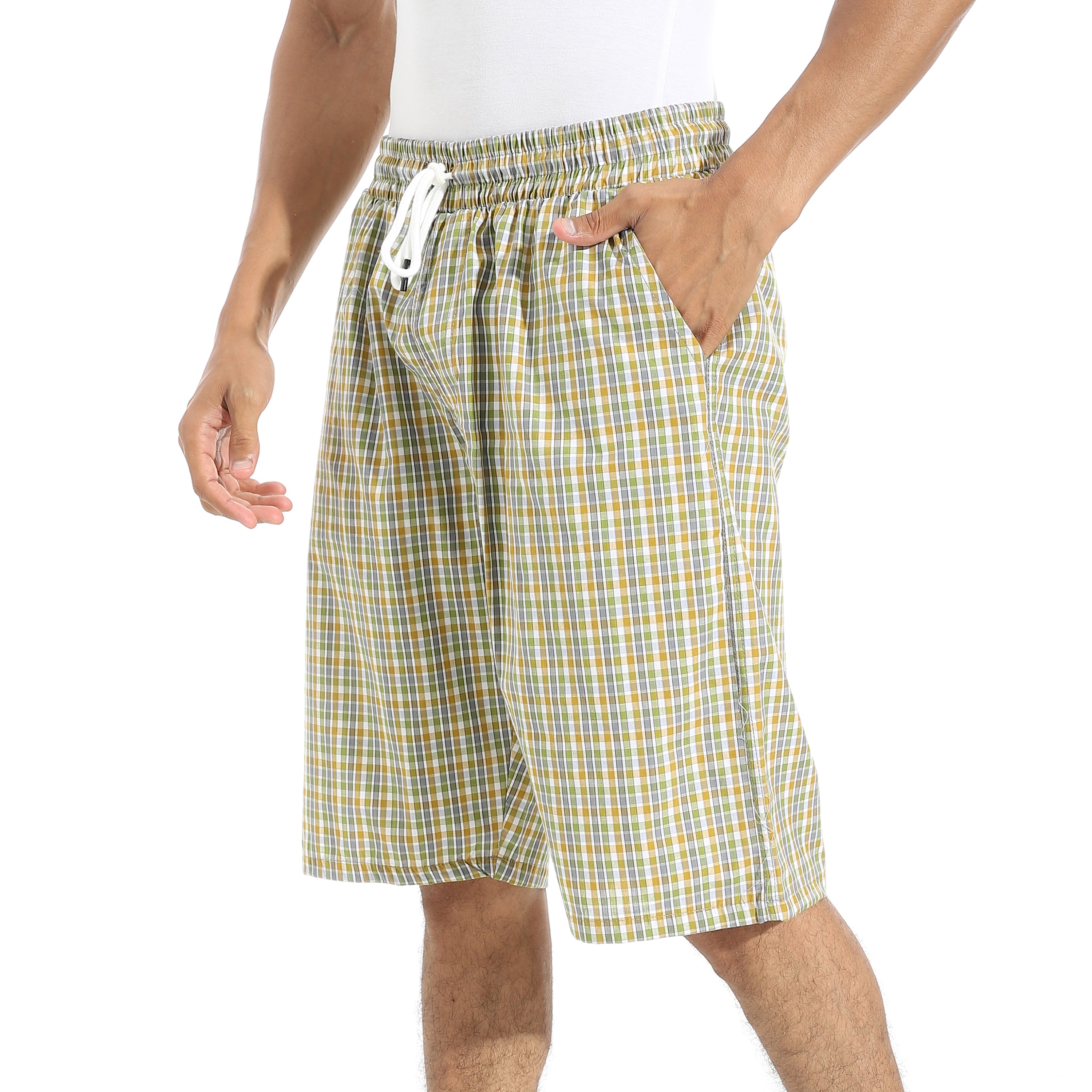 Men's Mustard Gingham Check Lounge Shorts with Drawstring Waist