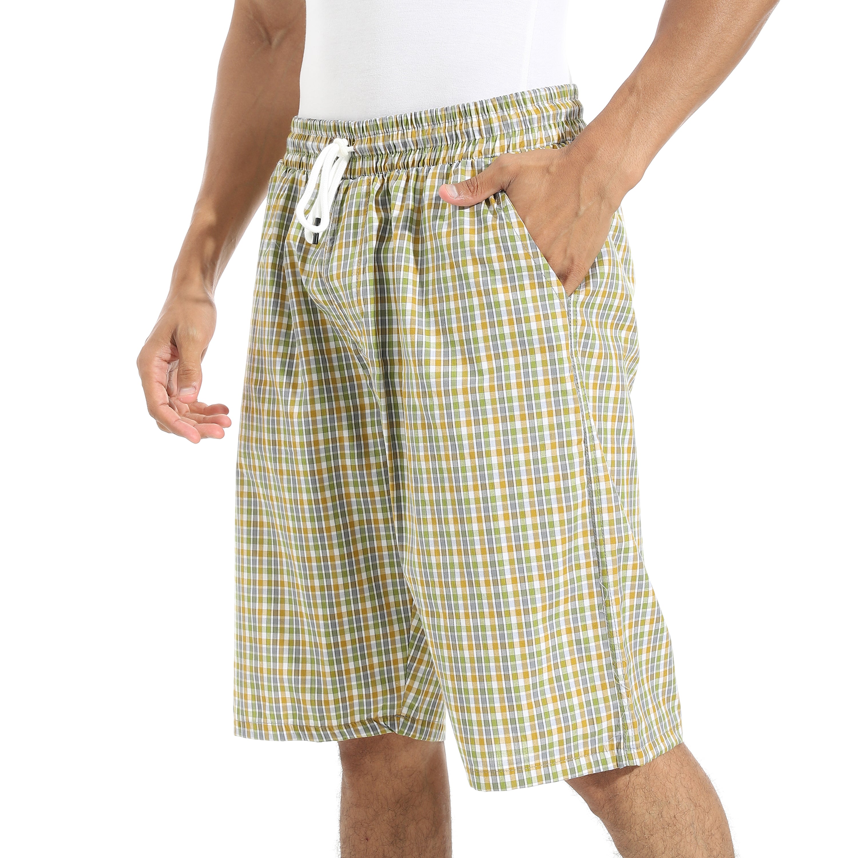 Men's Mustard Gingham Check Lounge Shorts with Drawstring Waist