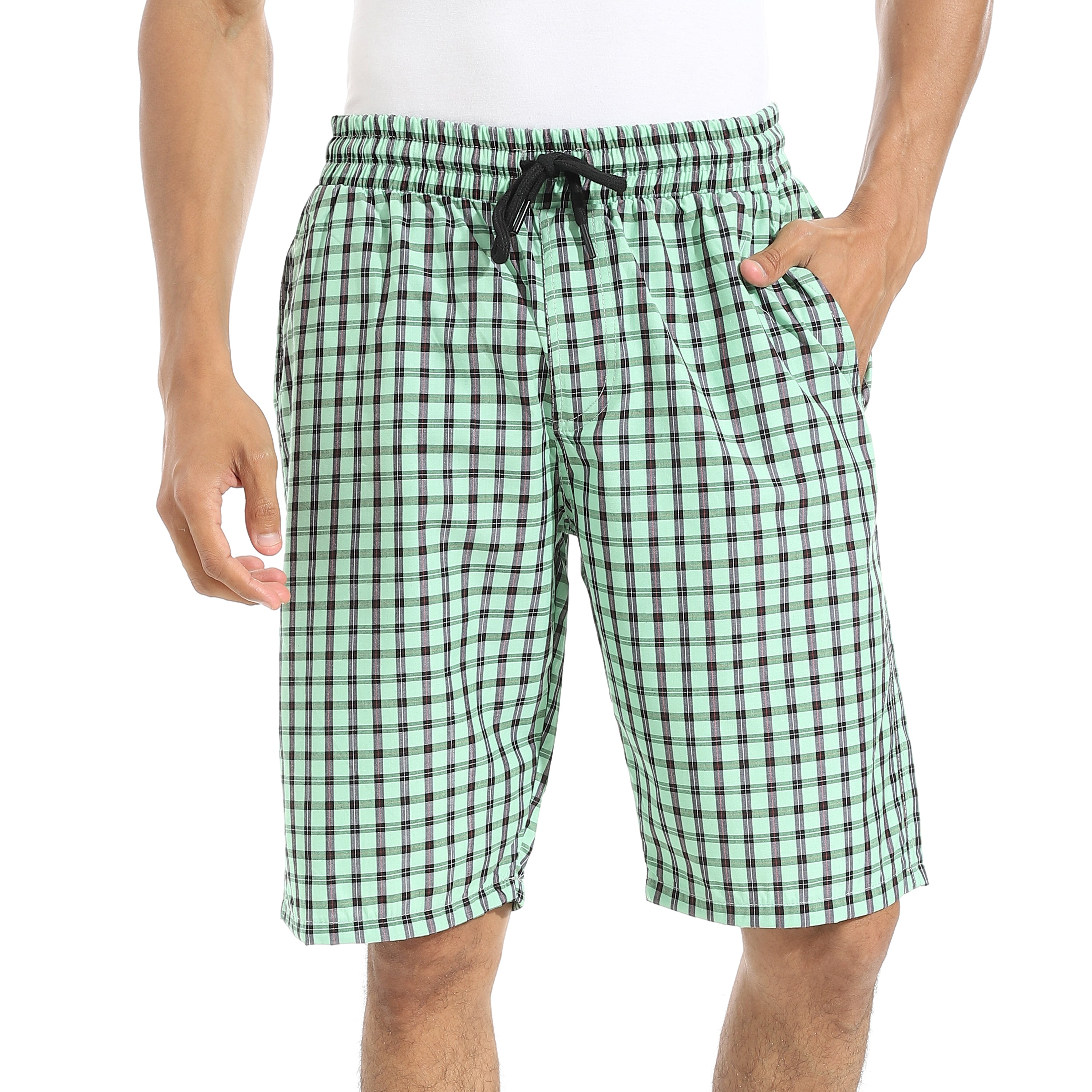 Men's Green Gingham Check Lounge Shorts with Drawstring Waist