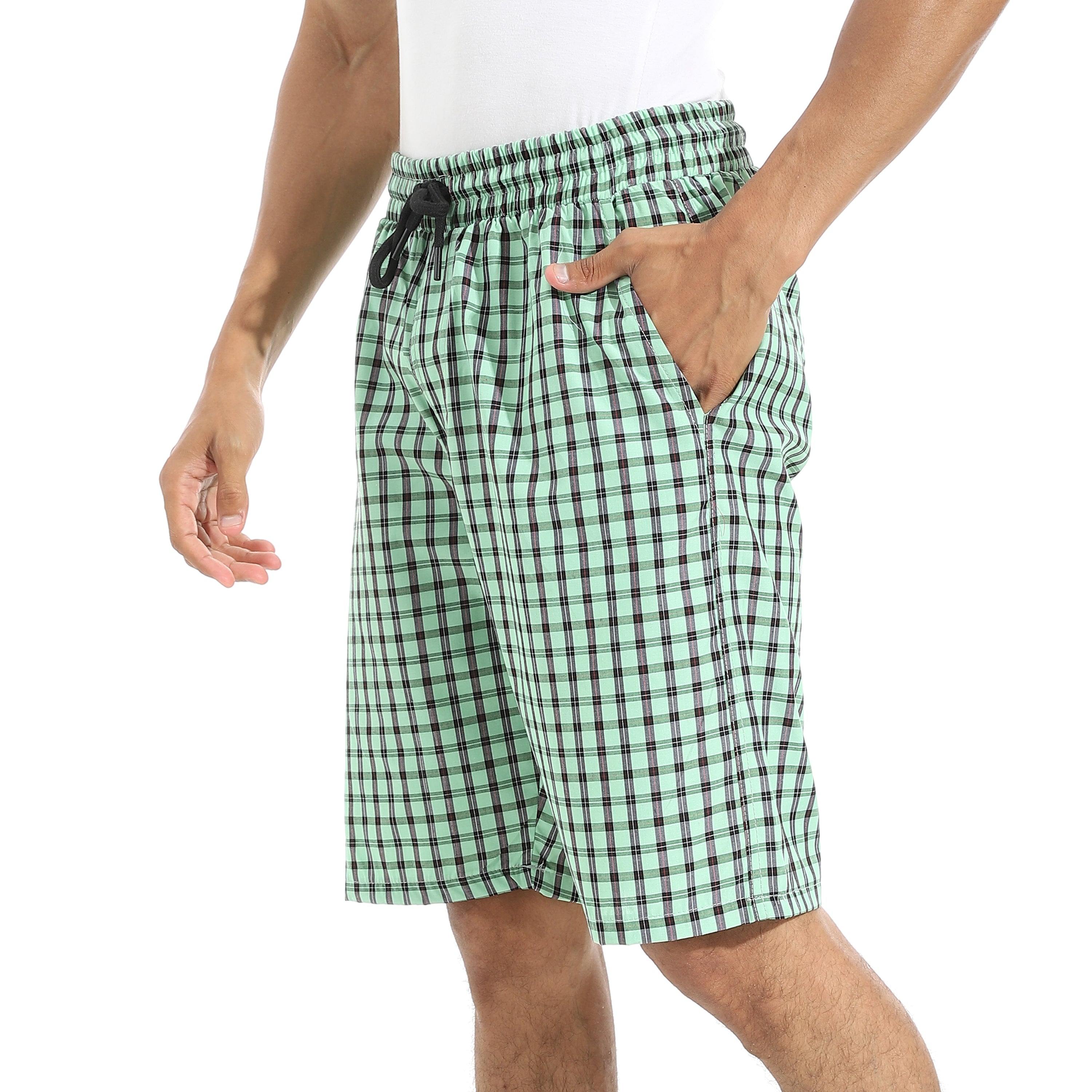 Men's Green Gingham Check Lounge Shorts with Drawstring Waist