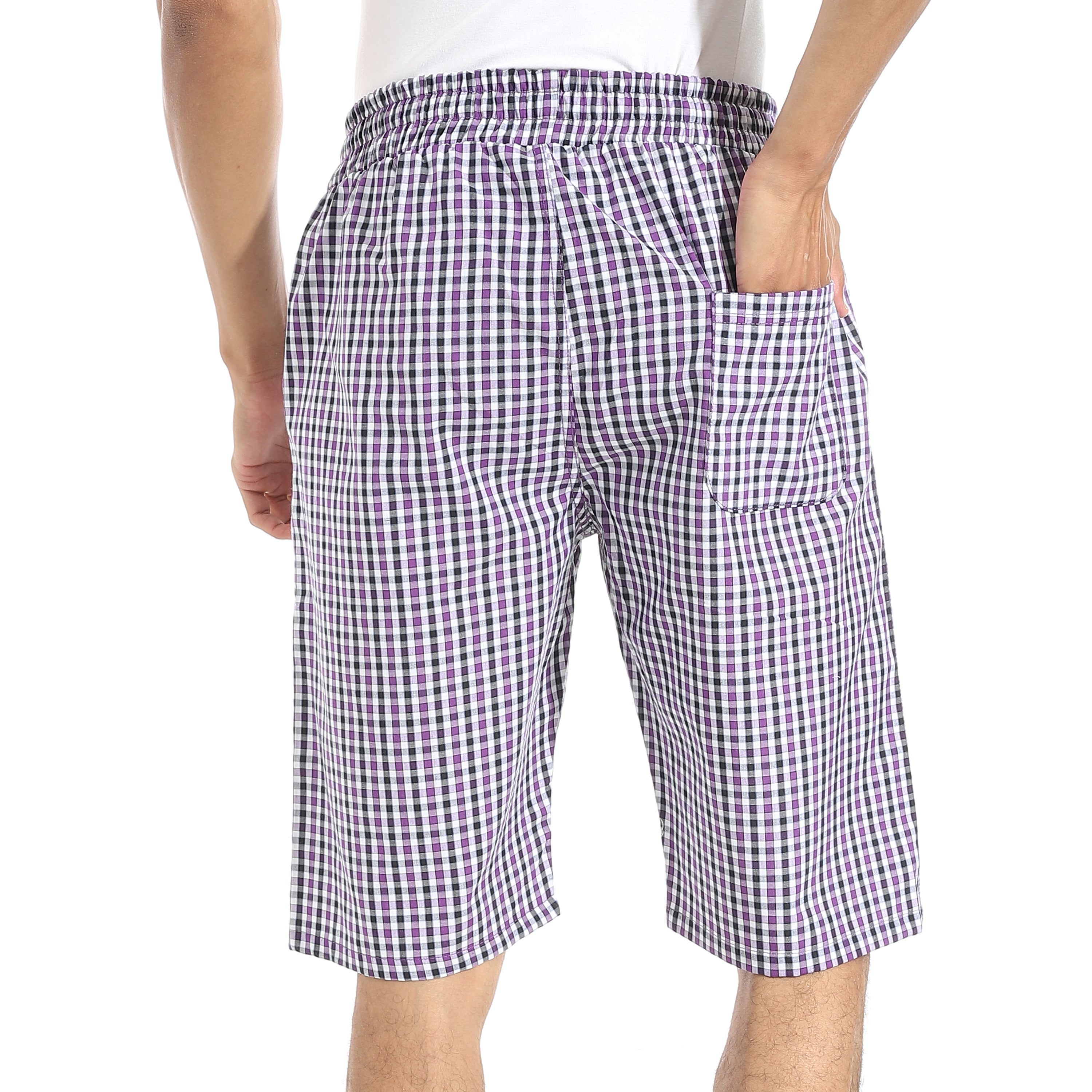 Men's Purple Gingham Check Lounge Shorts with Drawstring Waist