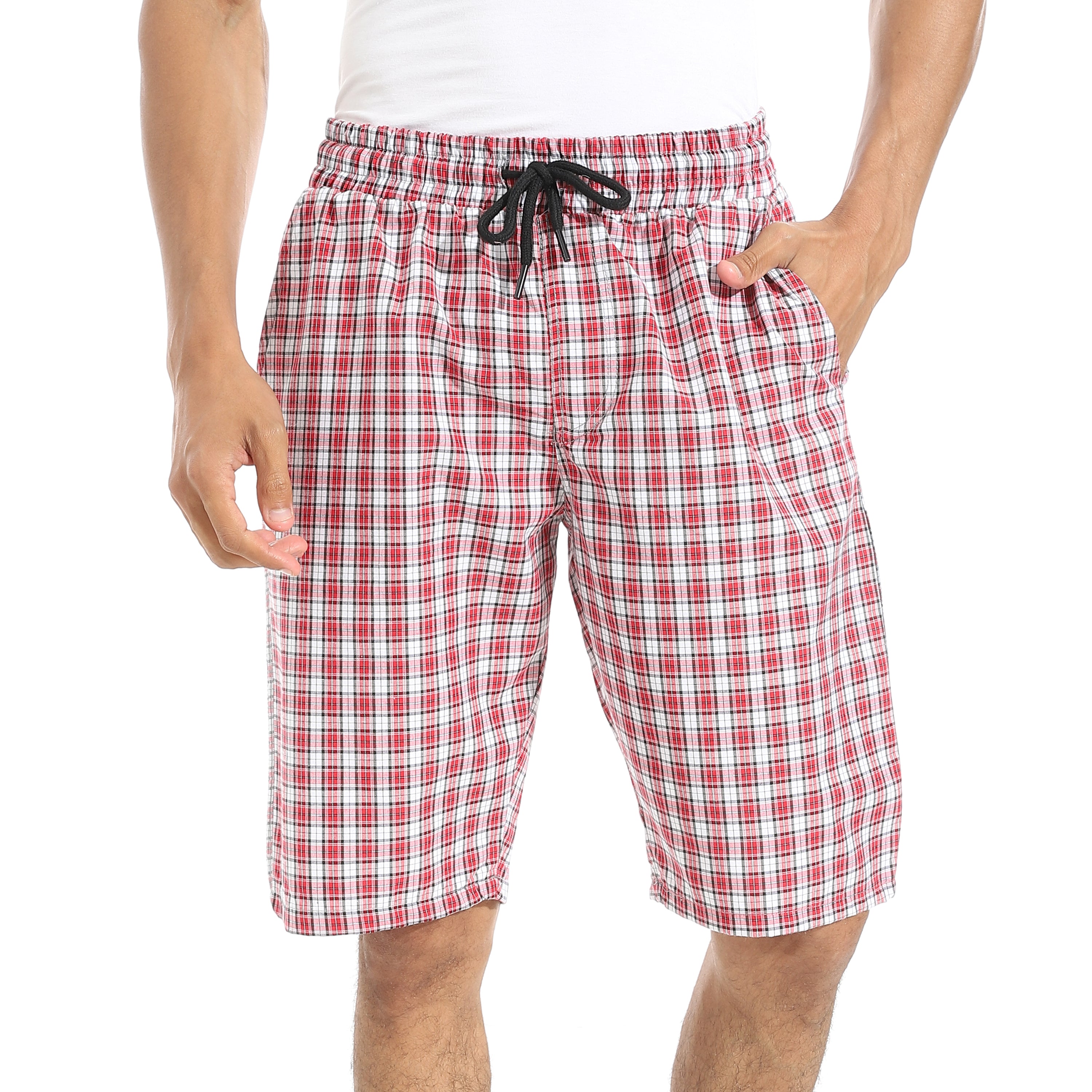 Men's Dark Red Gingham Check Lounge Shorts with Drawstring Waist