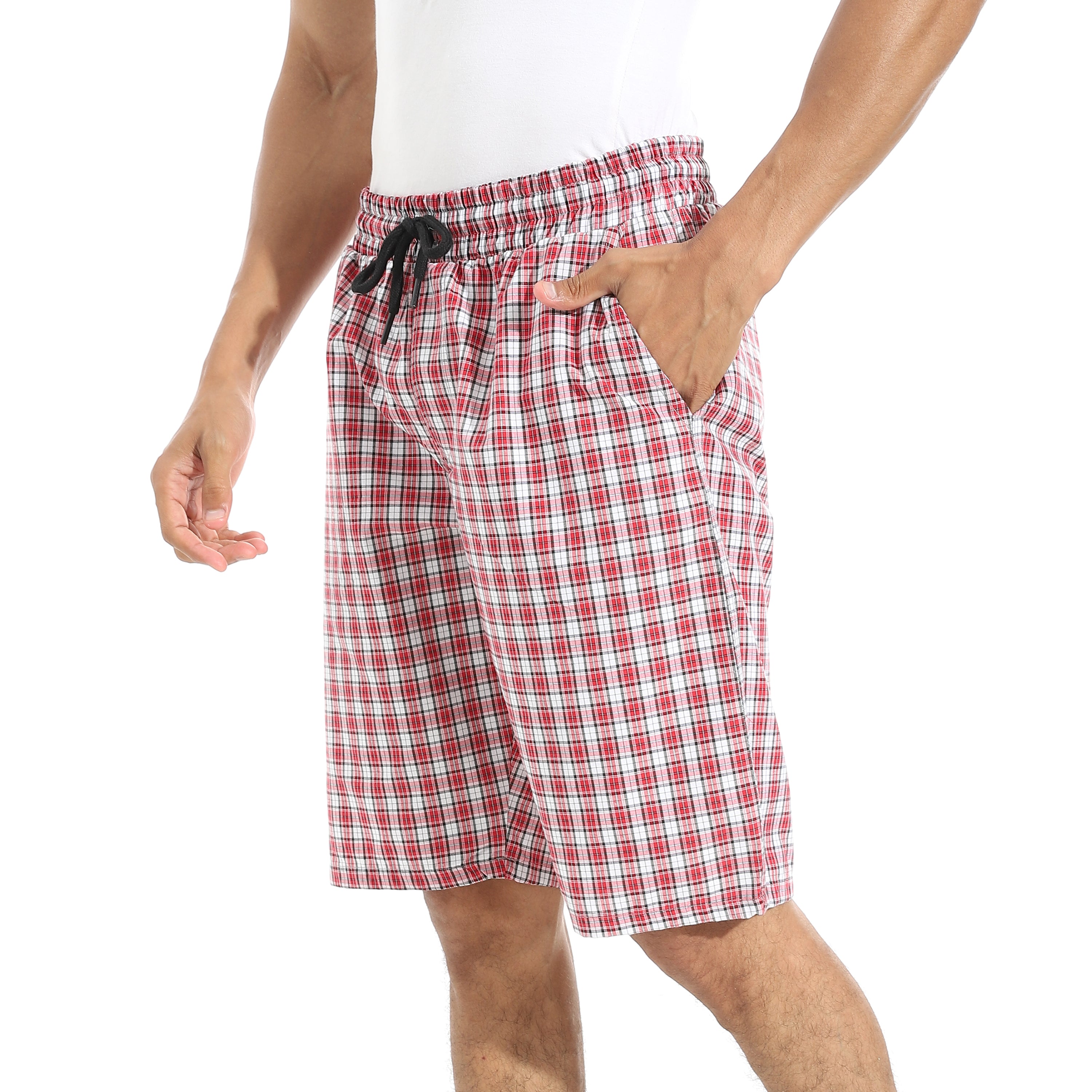 Men's Dark Red Gingham Check Lounge Shorts with Drawstring Waist