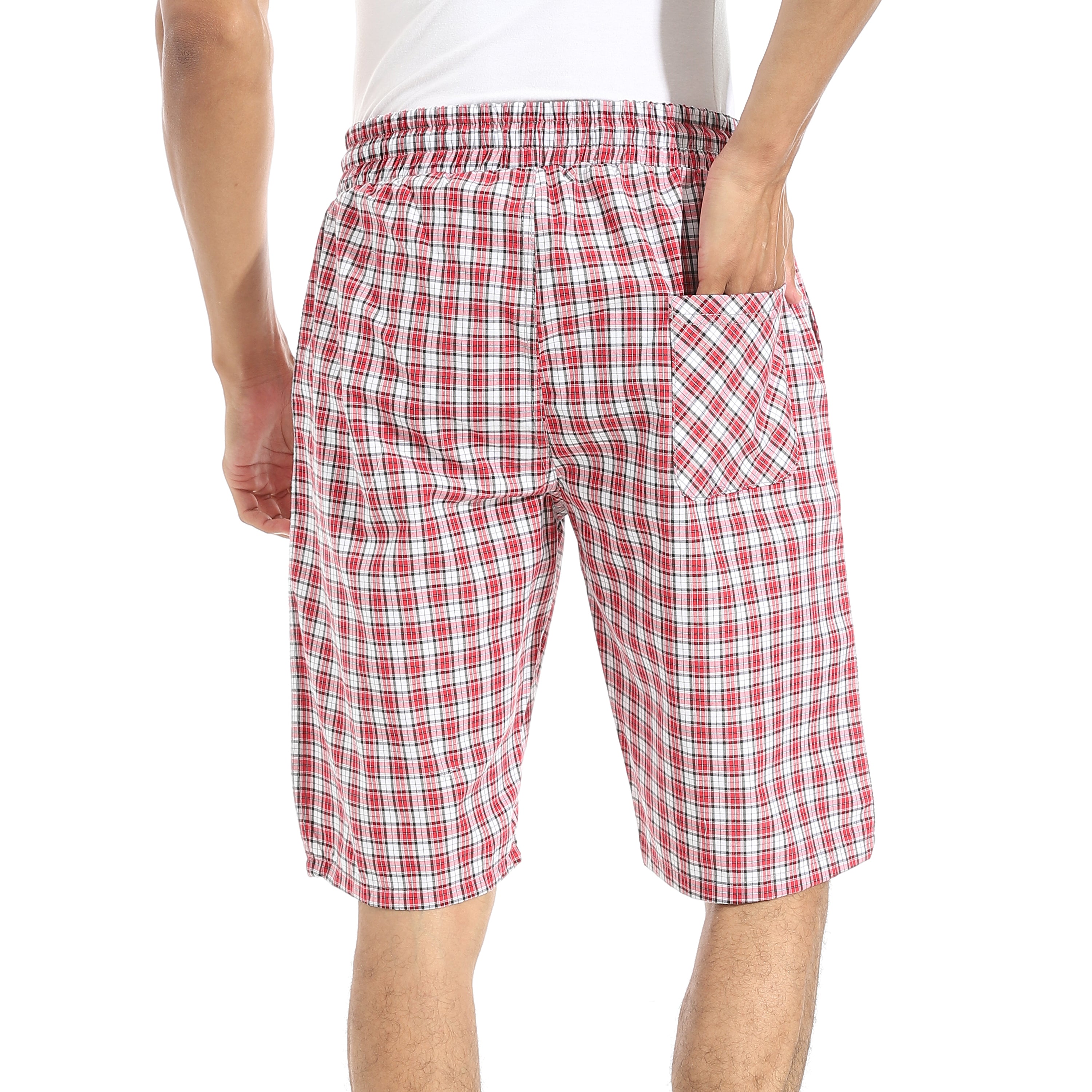 Men's Dark Red Gingham Check Lounge Shorts with Drawstring Waist