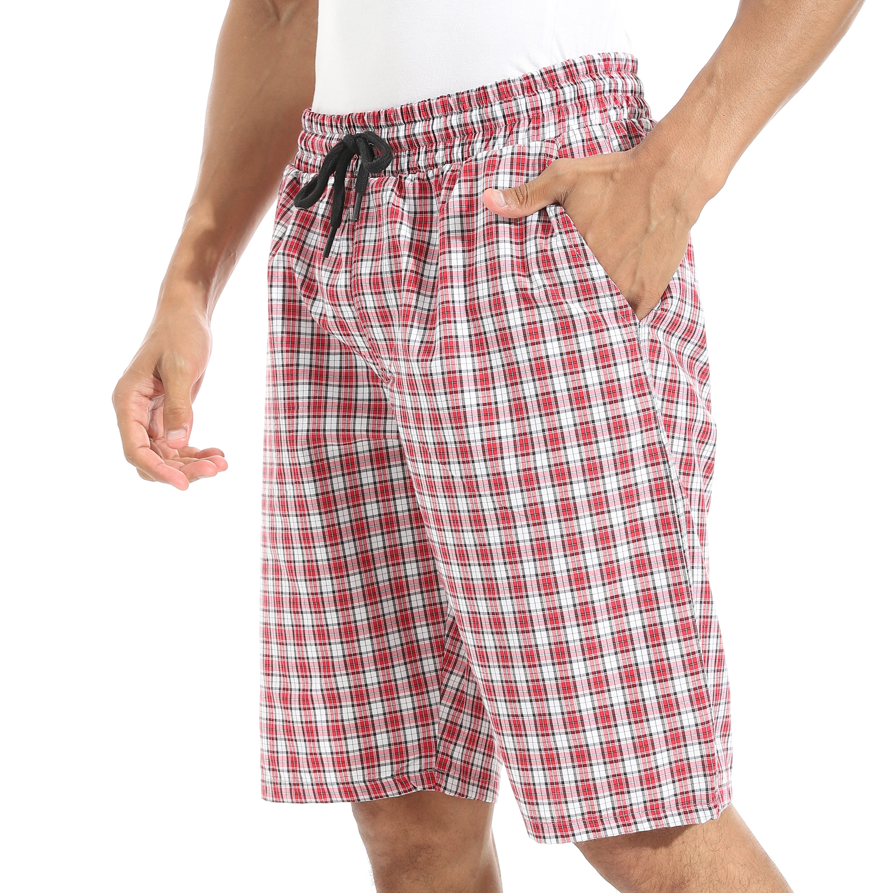 Men's Dark Red Gingham Check Lounge Shorts with Drawstring Waist