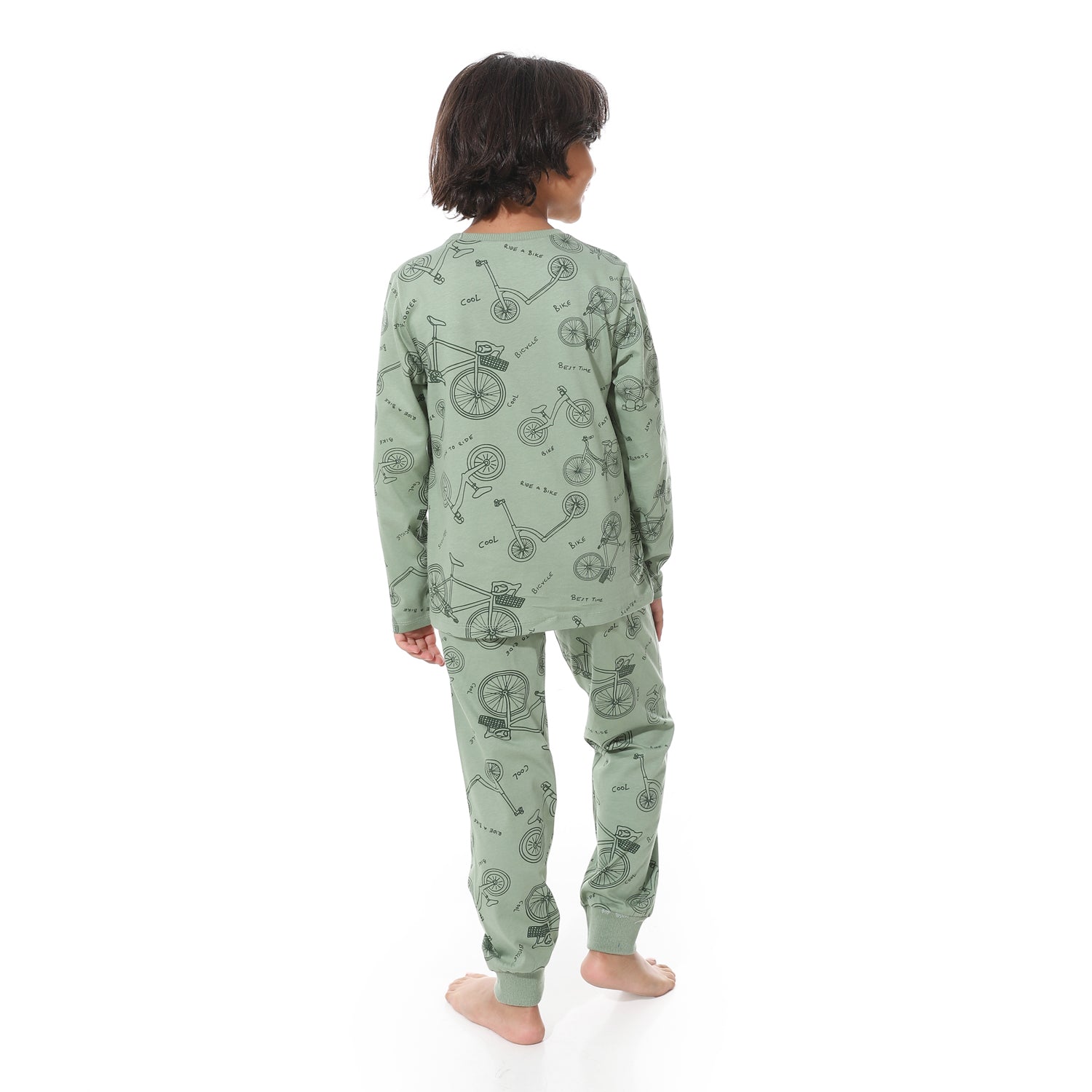 Boys’ Long Sleeve Pajama Set – Bicycle Print in Soft Green