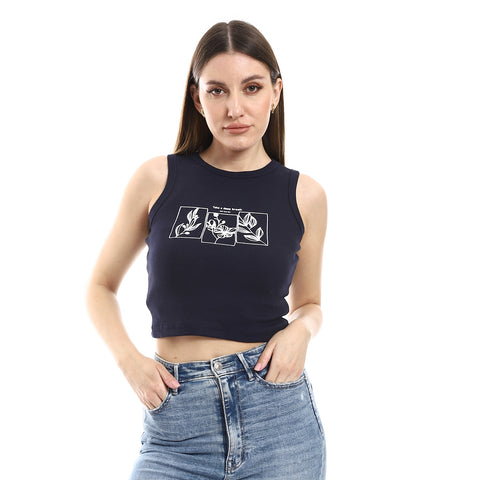 "Navy Blue Crop Top with Graphic Print"