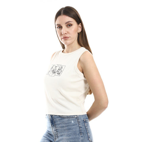 "White Crop Top with Graphic Print"