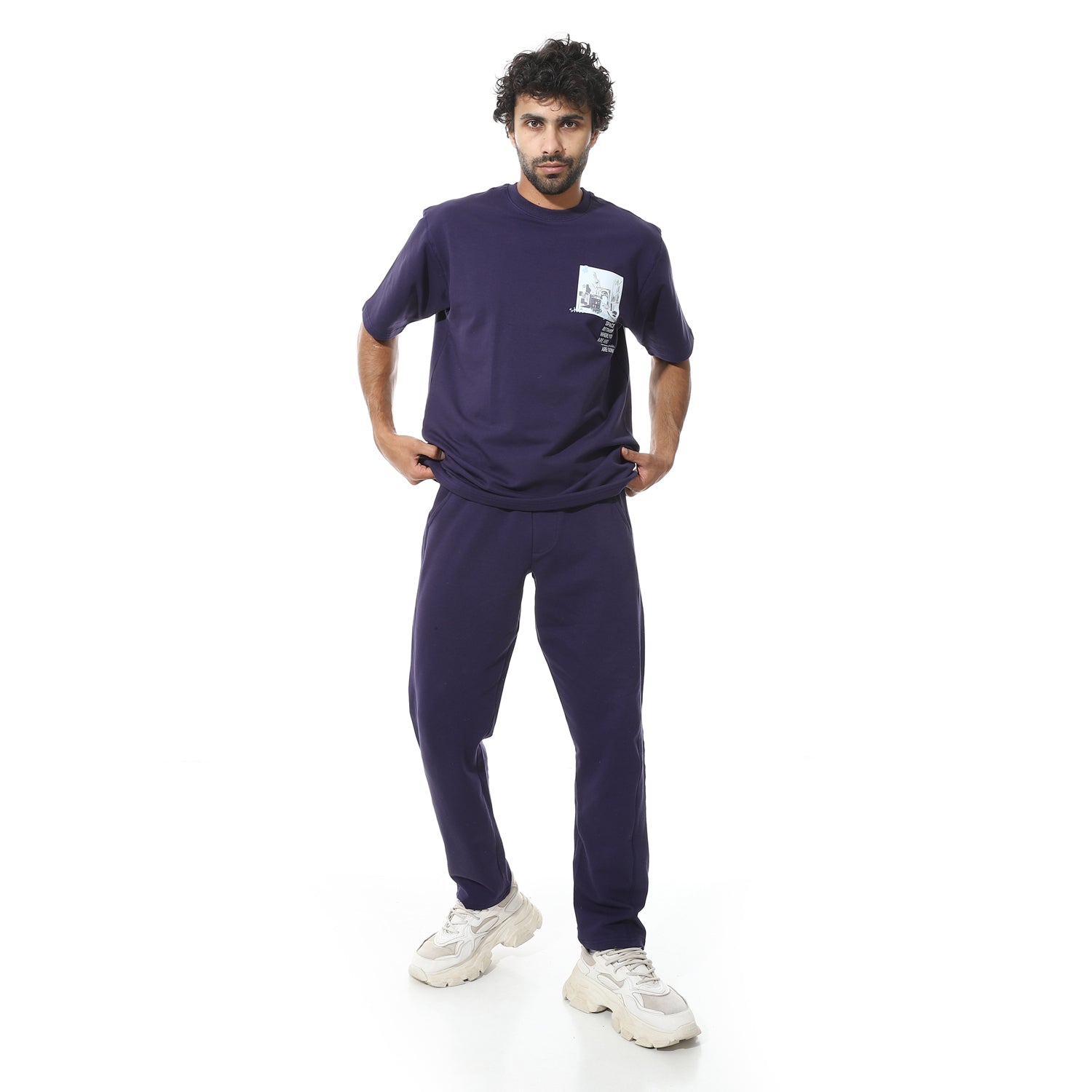 Men's Relaxed Fit Navy Lounge Set with Bold Side Print