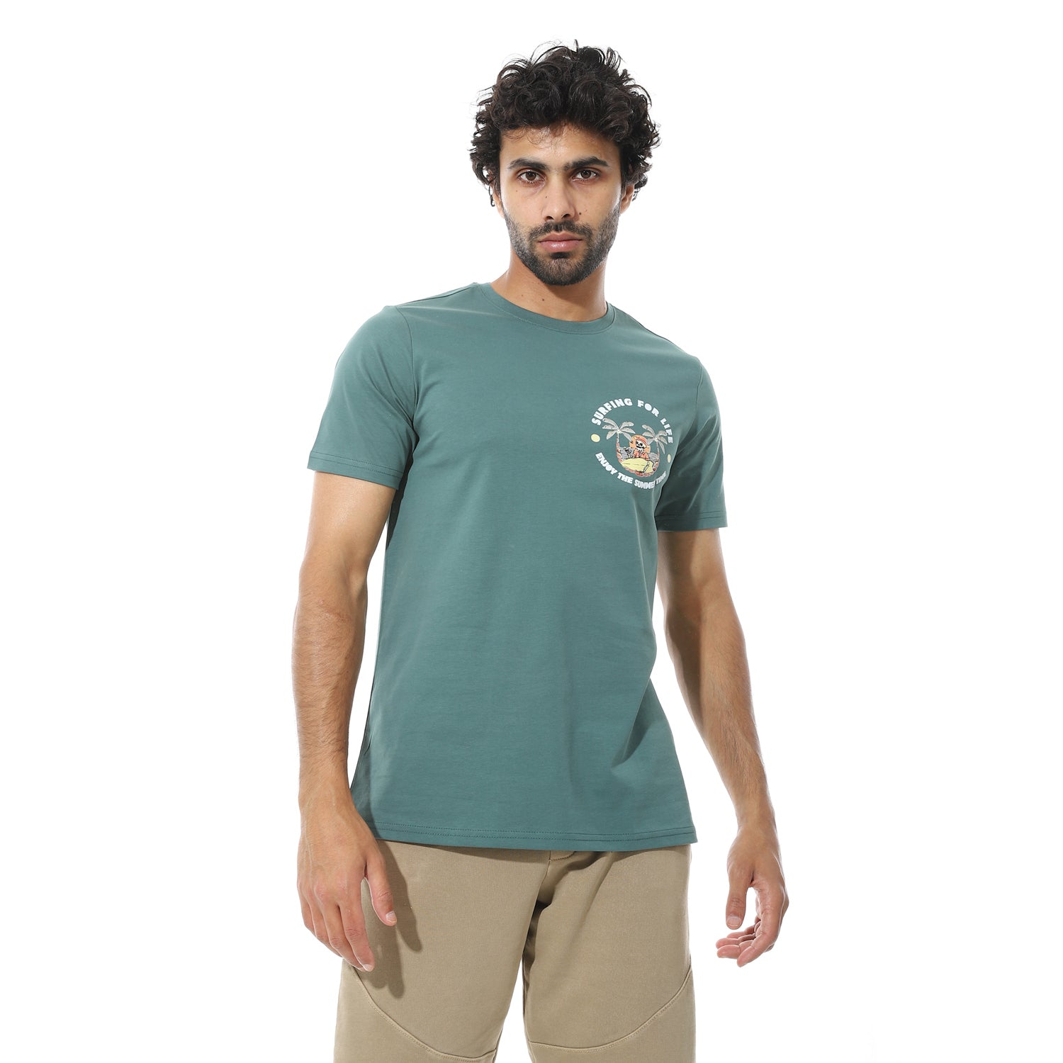 Men's Regular Fit Green T-Shirt with Printed