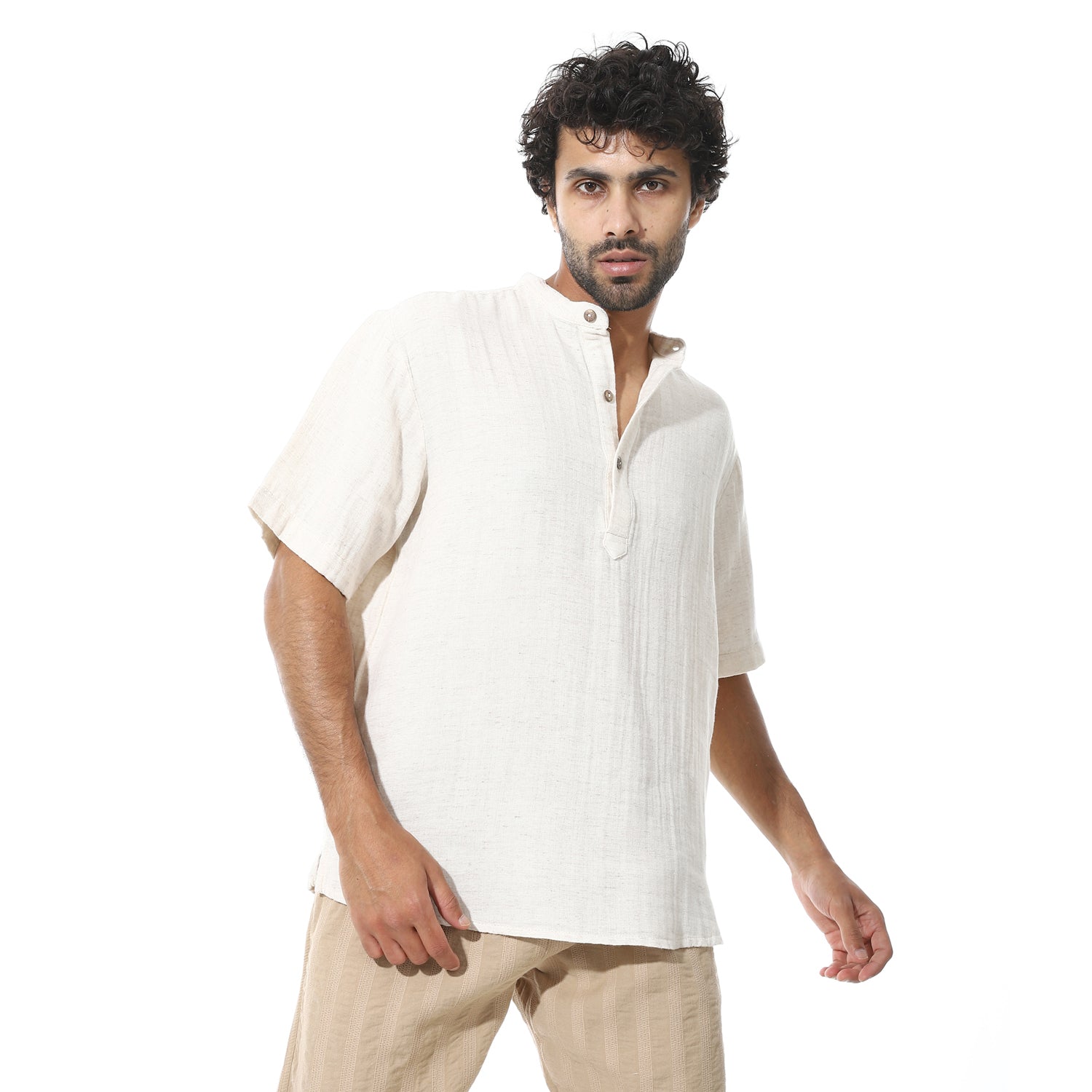 Men's Beige Cotton Linen Short Sleeve Henley Shirt
