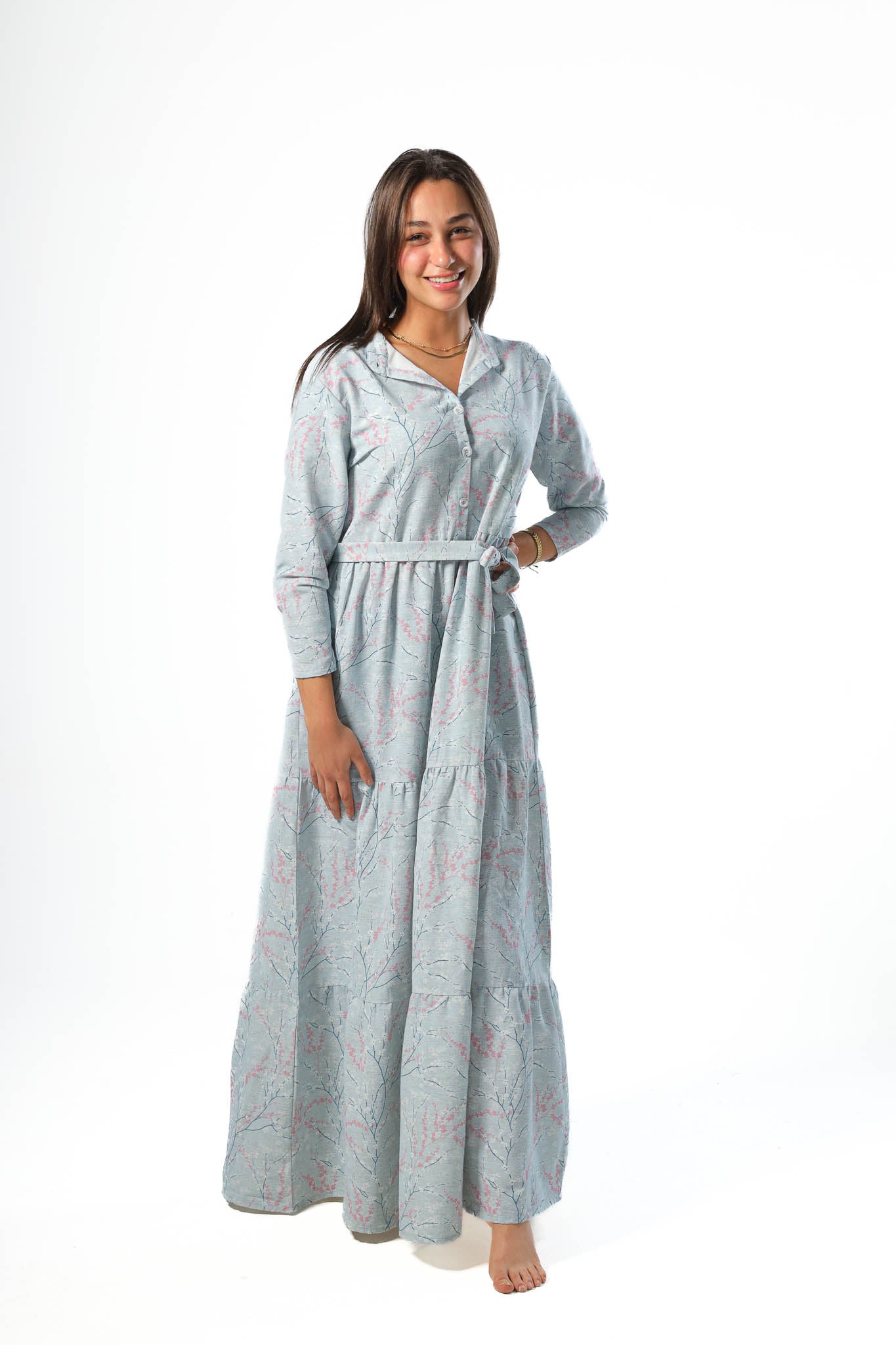 Elegant Women's Linen Dress with Buttons - Lite Blue