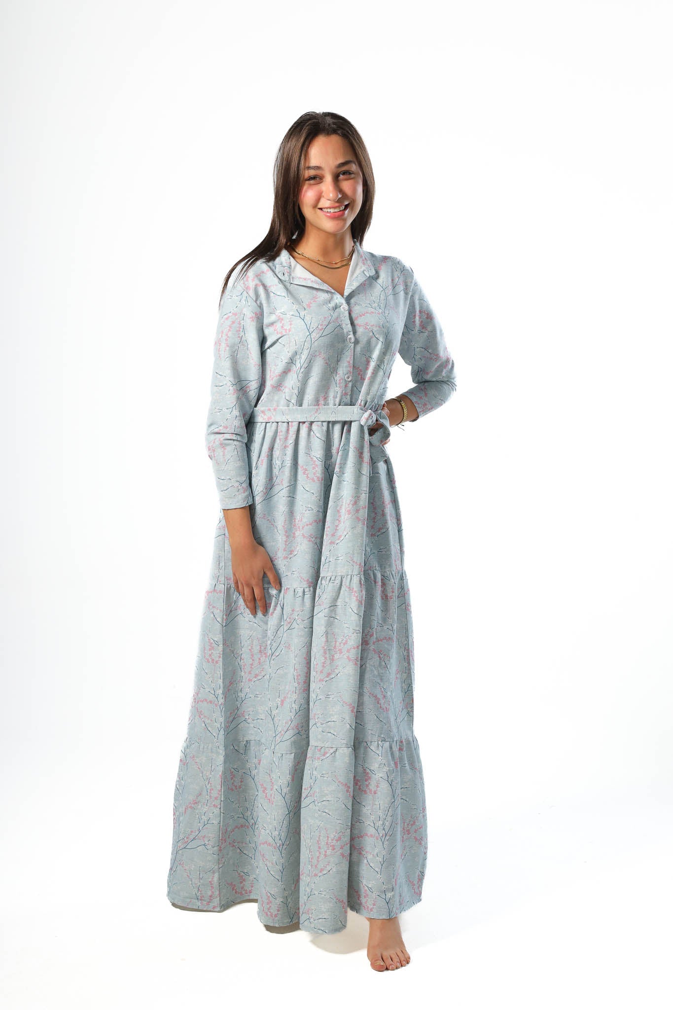 Elegant Women's Linen Dress with Buttons - Lite Blue