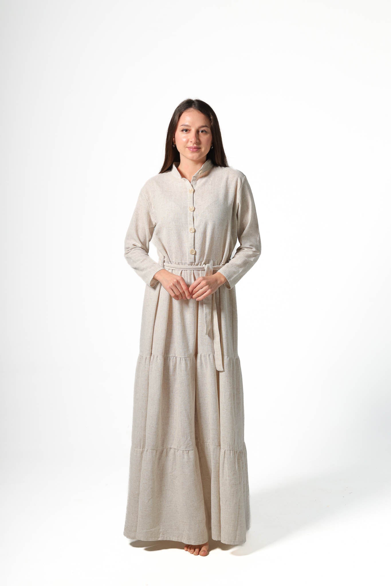 Elegant Women's Linen Dress with Buttons Beige - Main Image