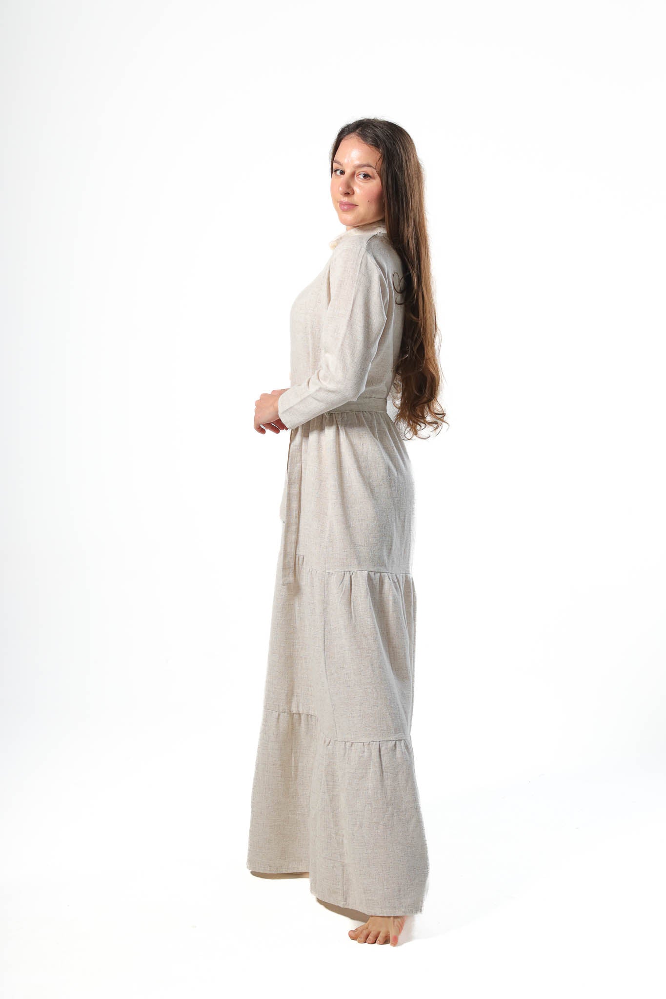 Elegant Women's Linen Dress with Buttons - Beige