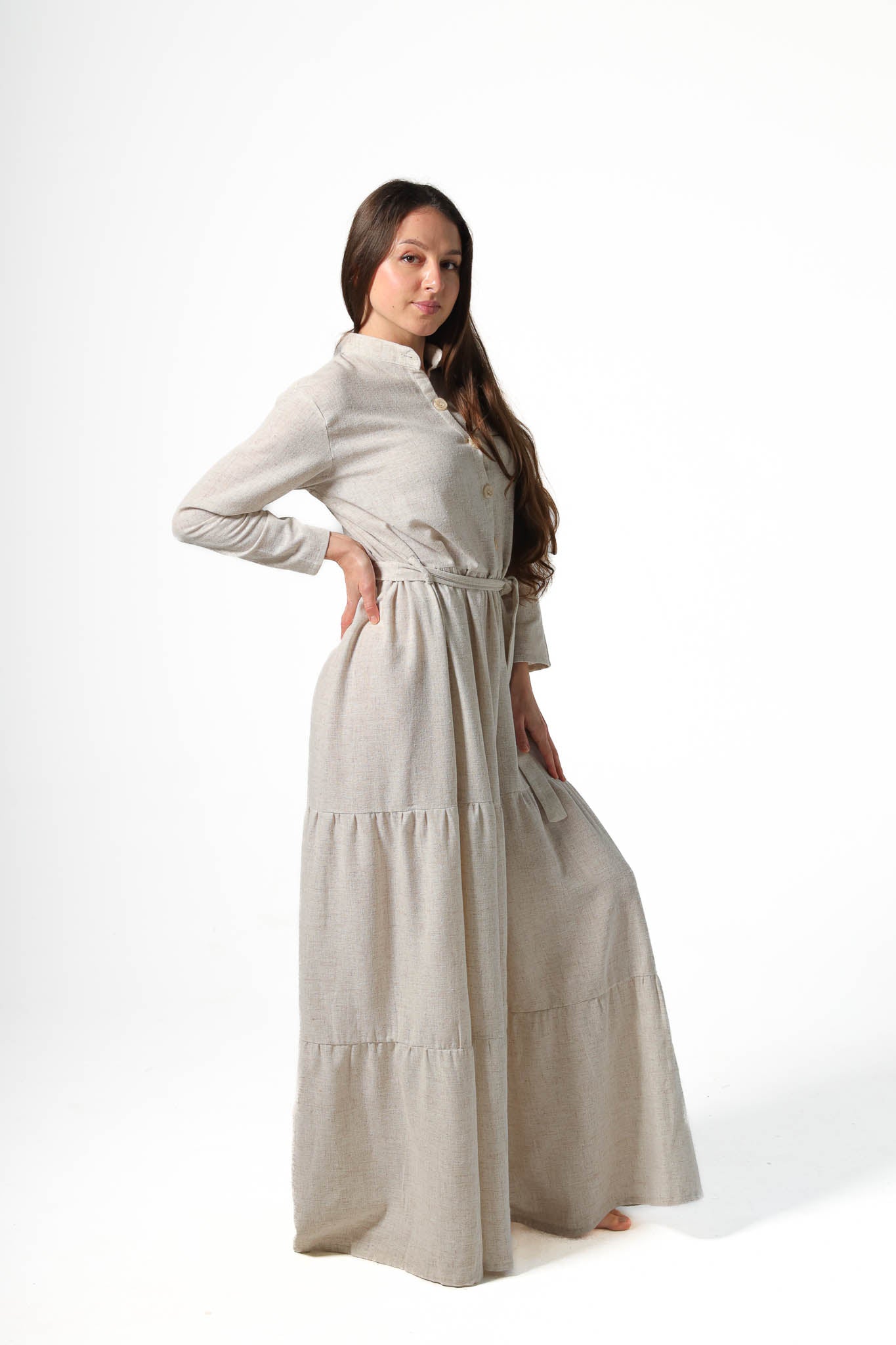 Elegant Women's Linen Dress with Buttons - Beige