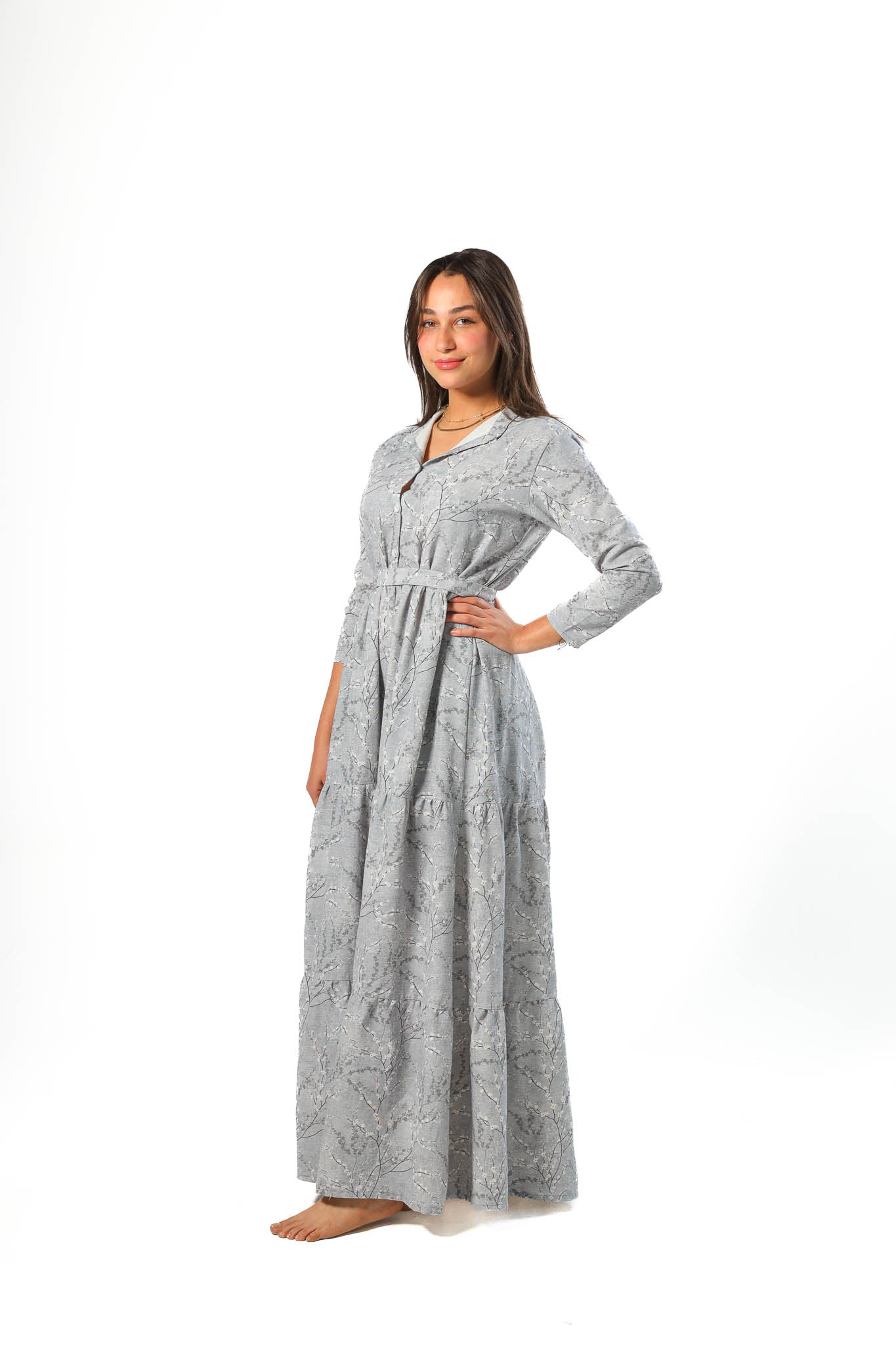 Elegant Women's Linen Dress with Buttons - Grey