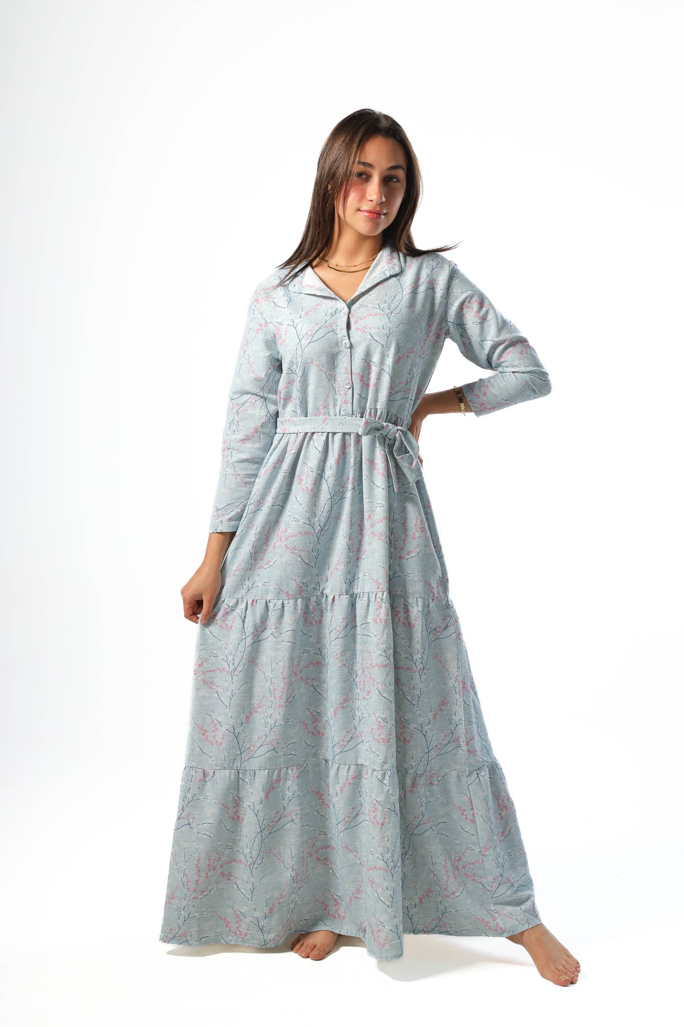 Elegant Women's Linen Dress with Buttons - Lite Blue