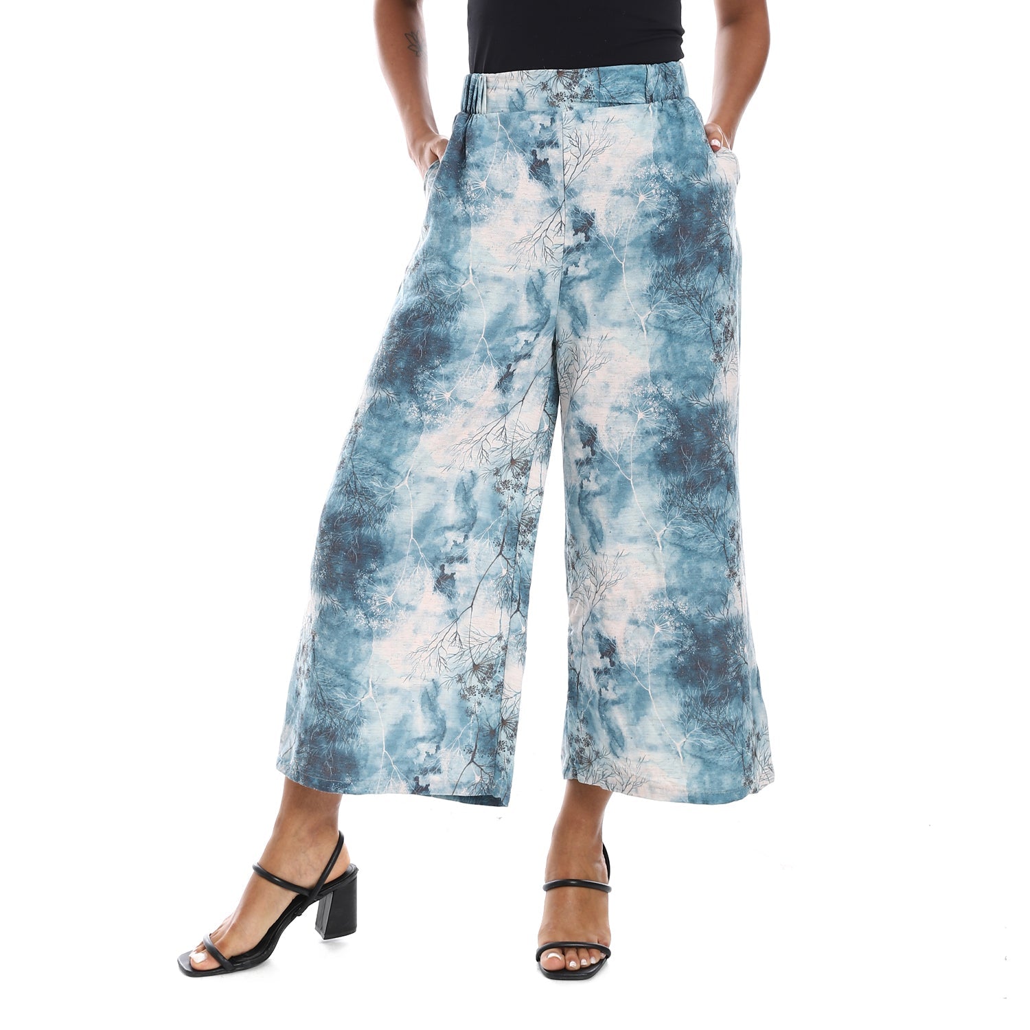 Wide leg pants, half elastic waist - Navy
