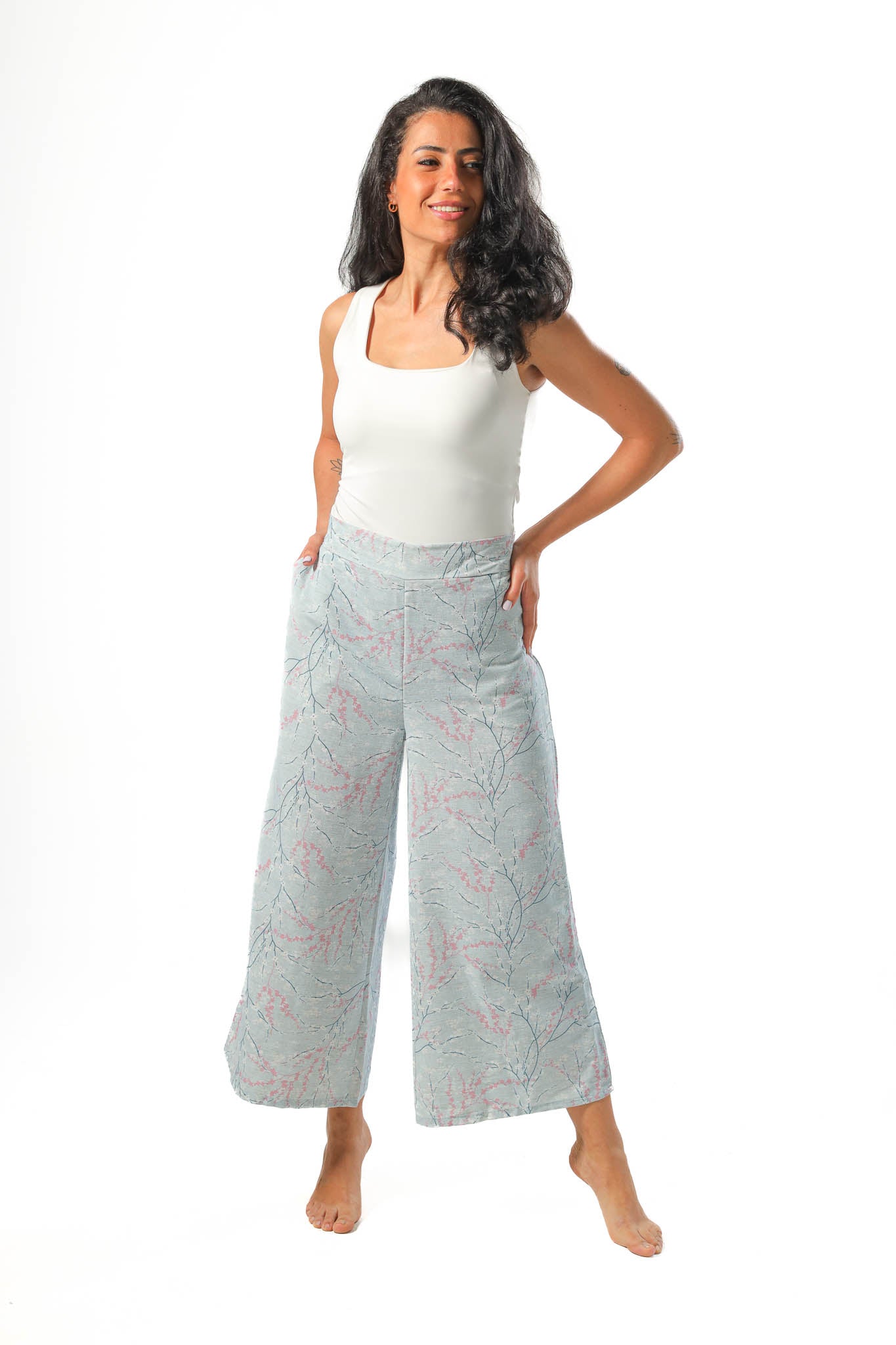 Wide leg pants, half elastic waist - Lite Blue