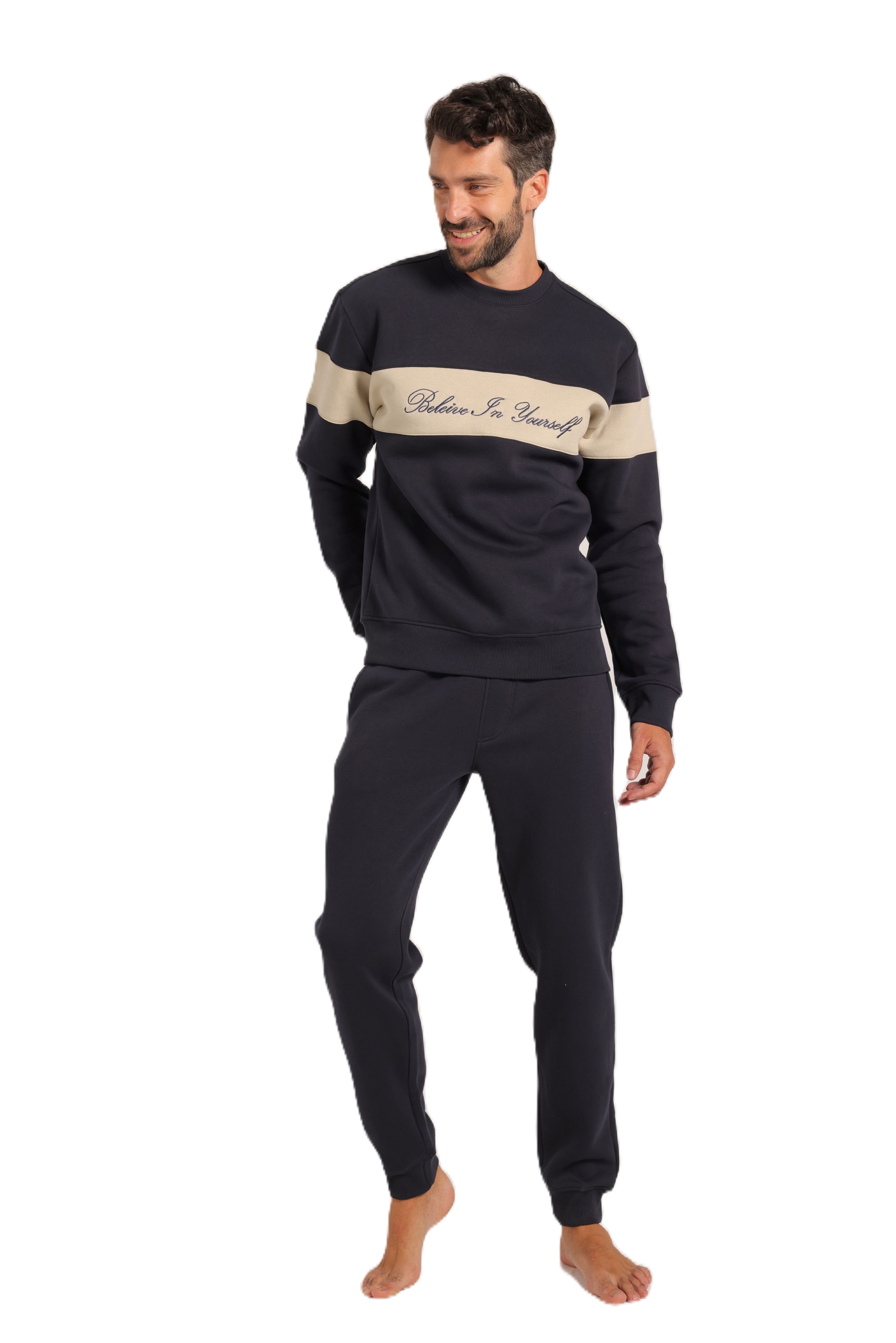Men’s Lined Tracksuit with Contrast Chest Stripe – Navy Blue
