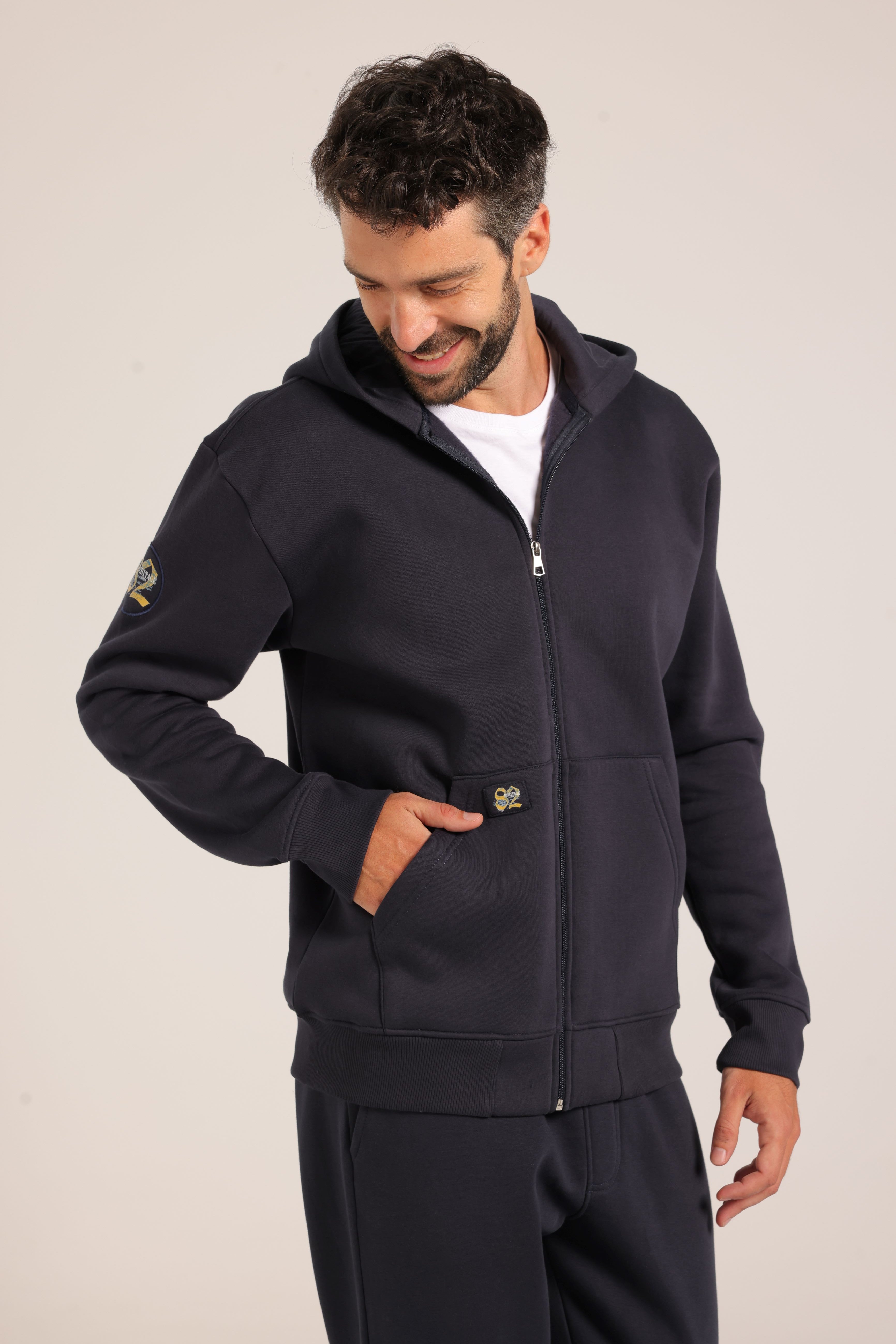 Men’s Casual Hoodie Set – Warm Jogger Tracksuit with Graphic Details - Navy Blue
