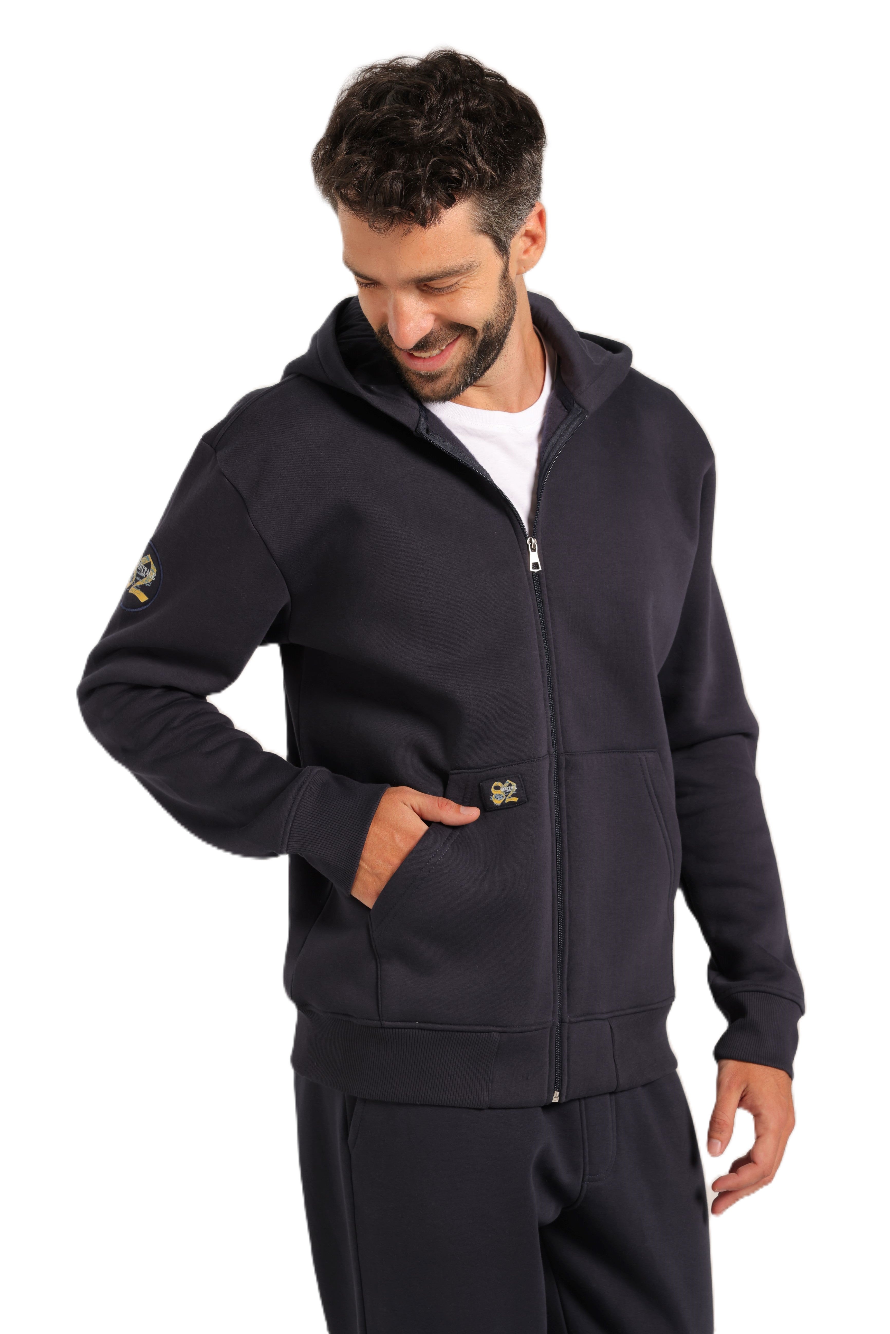 Men’s Casual Hoodie Set – Warm Jogger Tracksuit with Graphic Details - Navy Blue