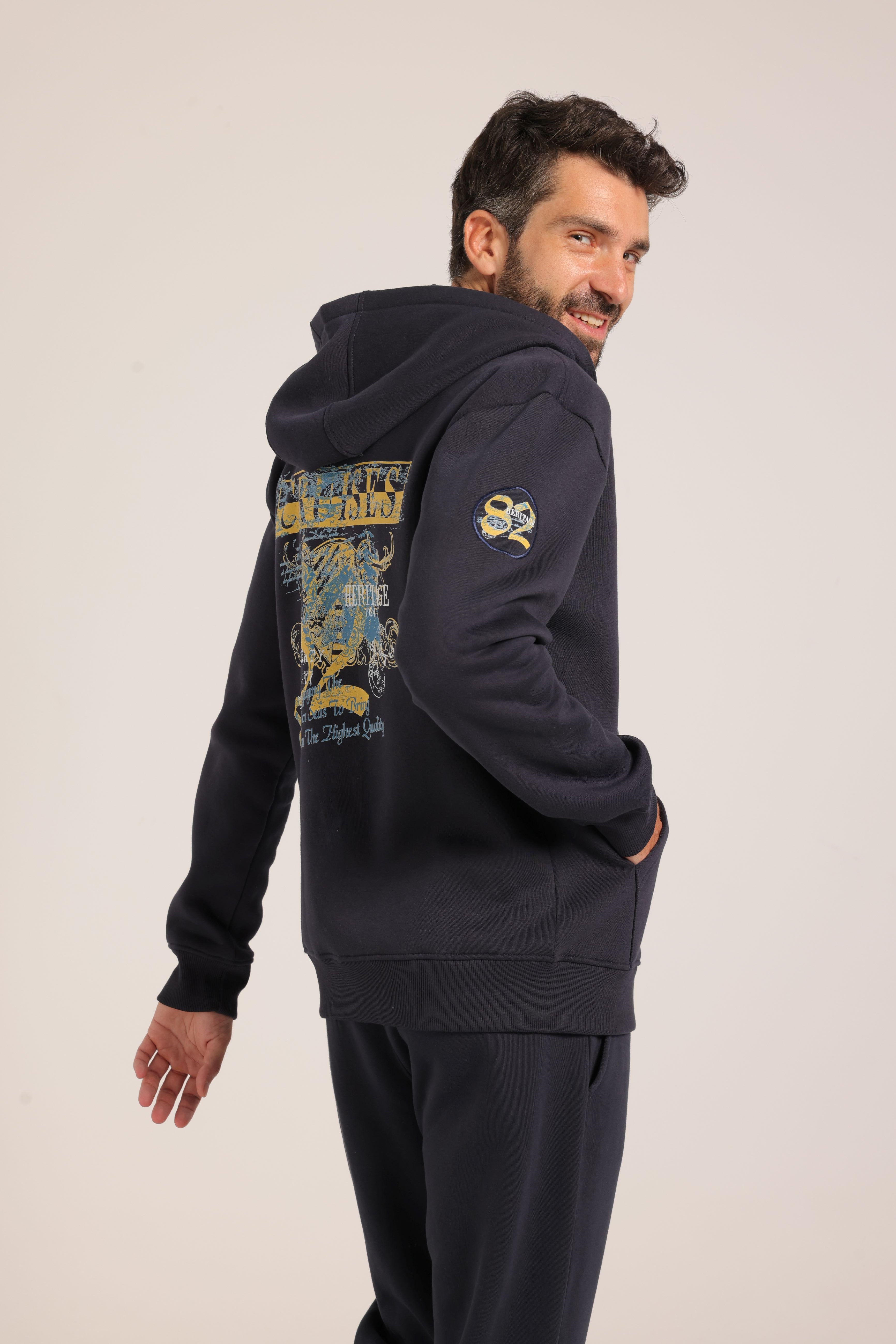 Men’s Casual Hoodie Set – Warm Jogger Tracksuit with Graphic Details - Navy Blue