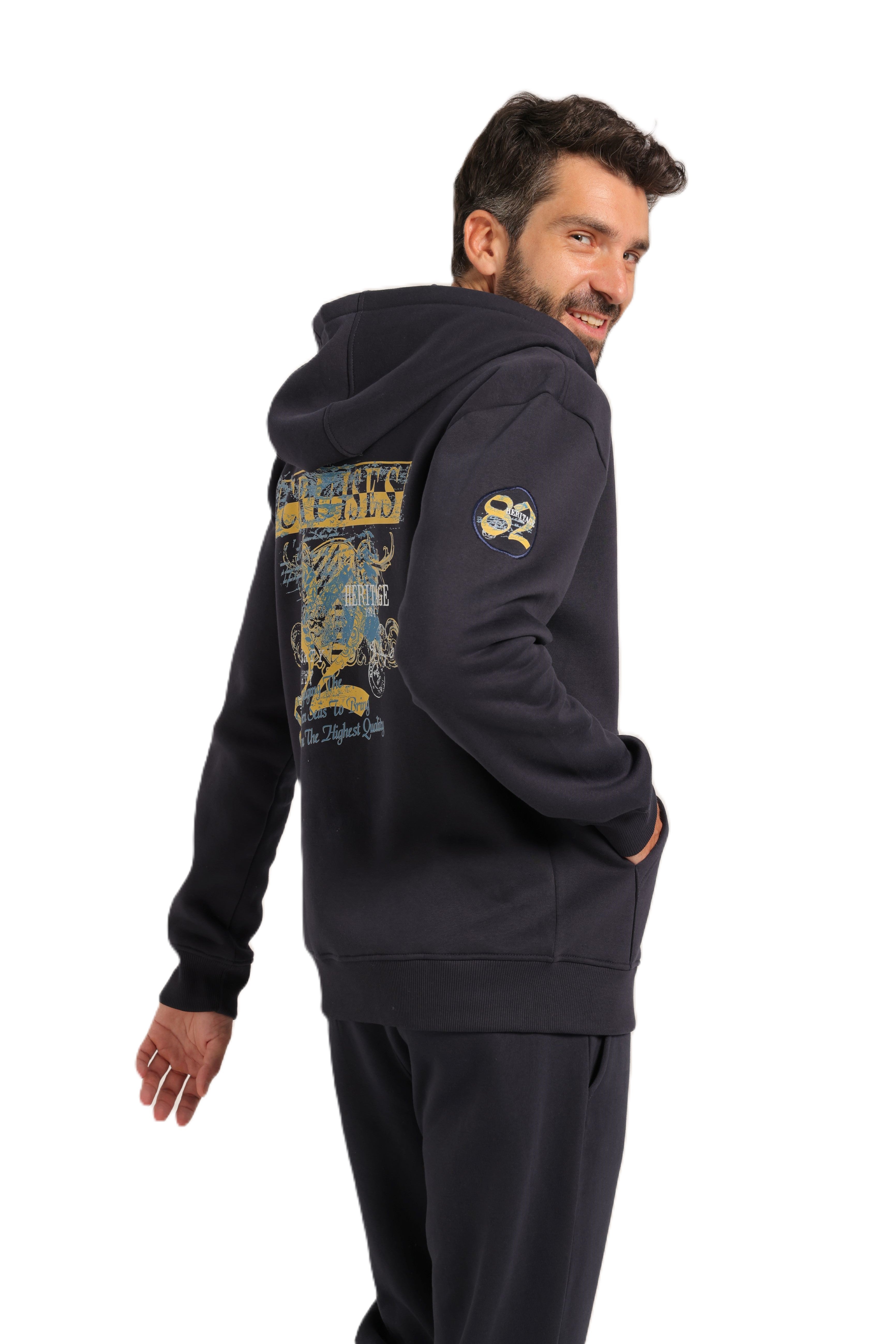 Men’s Casual Hoodie Set – Warm Jogger Tracksuit with Graphic Details - Navy Blue