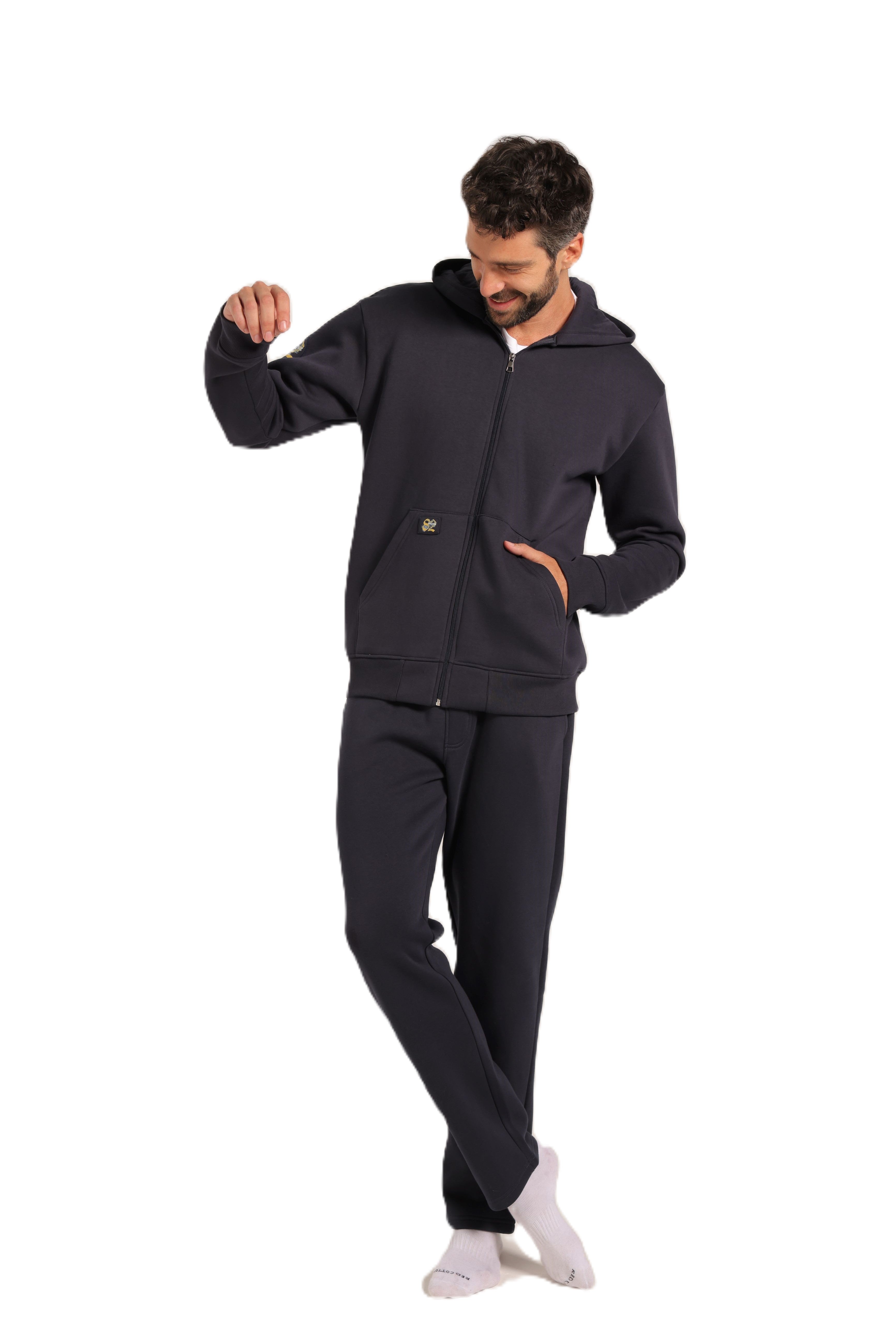 Men’s Casual Hoodie Set – Warm Jogger Tracksuit with Graphic Details - Navy Blue