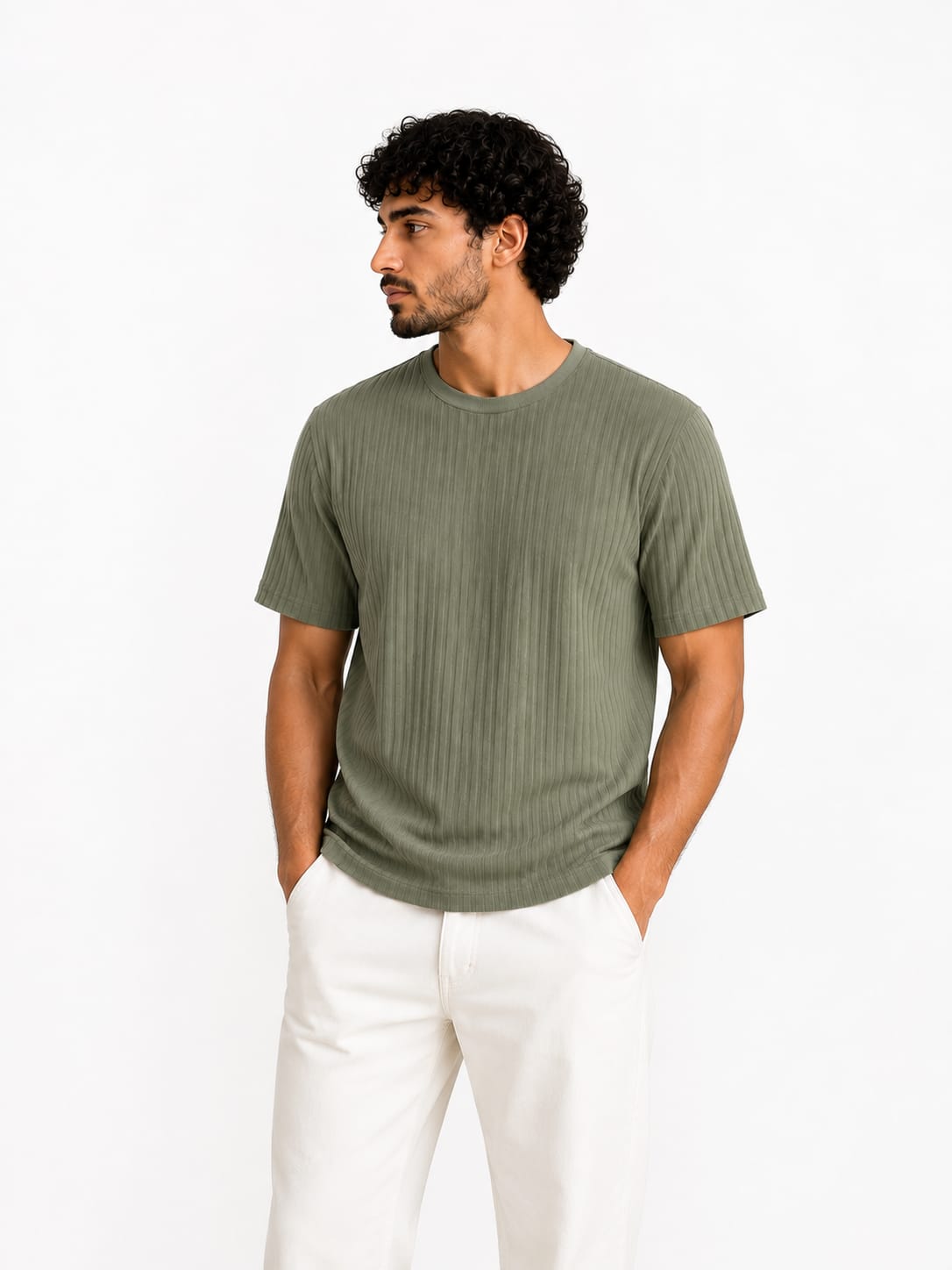 Men's olive green jacquard crew-neck t-shirt