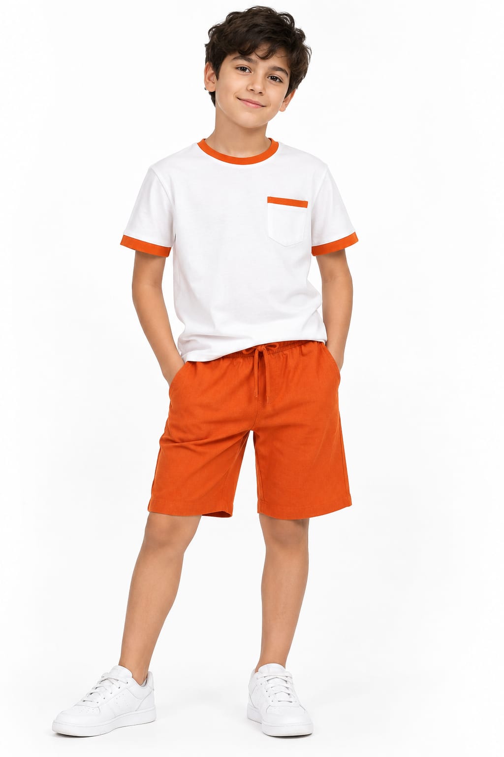 Boys’ Off-White & Orange Shorts Pajama Set