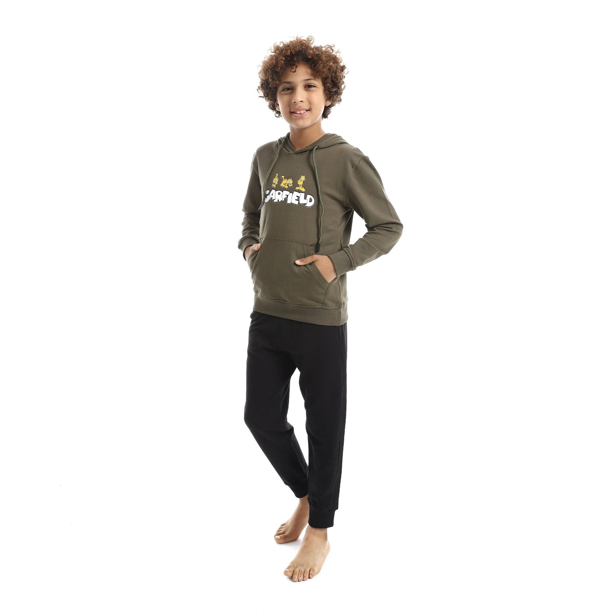 Boys' "Garfield" Graphic Hoodie & Joggers Autumn Set - Red Cotton