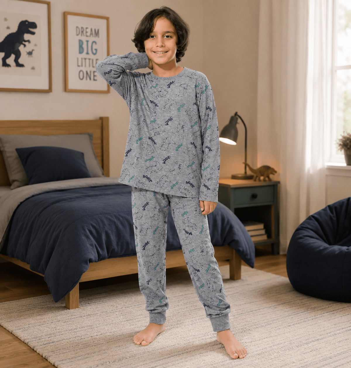 Boys’ Long Sleeve Pajama Set – Print in Soft Grey - Red Cotton