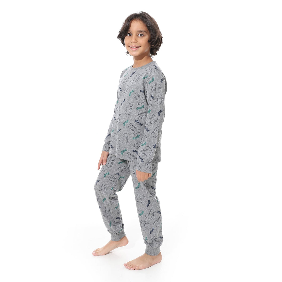 Boys’ Long Sleeve Pajama Set – Print in Soft Grey - Red Cotton
