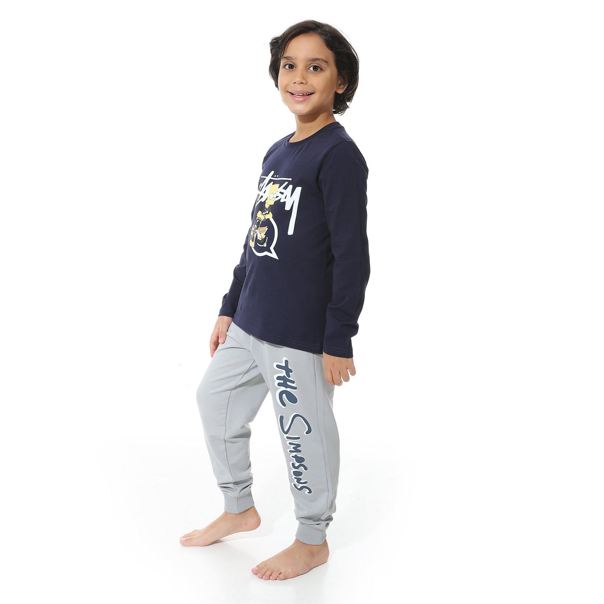 Boy's Summer Pajama Pants and Long Sleeves- Navy - Red Cotton