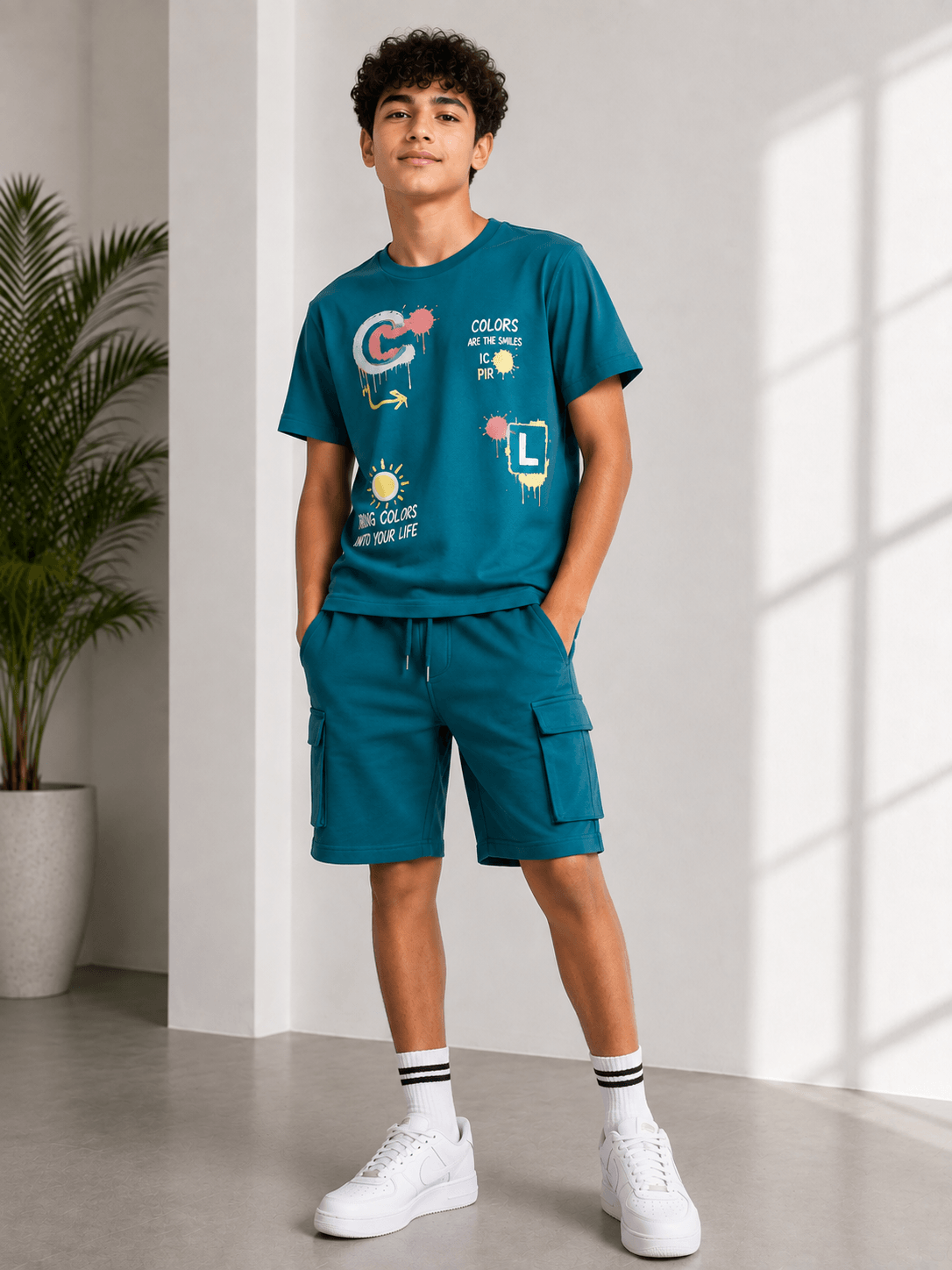 Boys’ Summer Set – Graphic Print T-Shirt & Cargo Shorts – Teal - Red Cotton