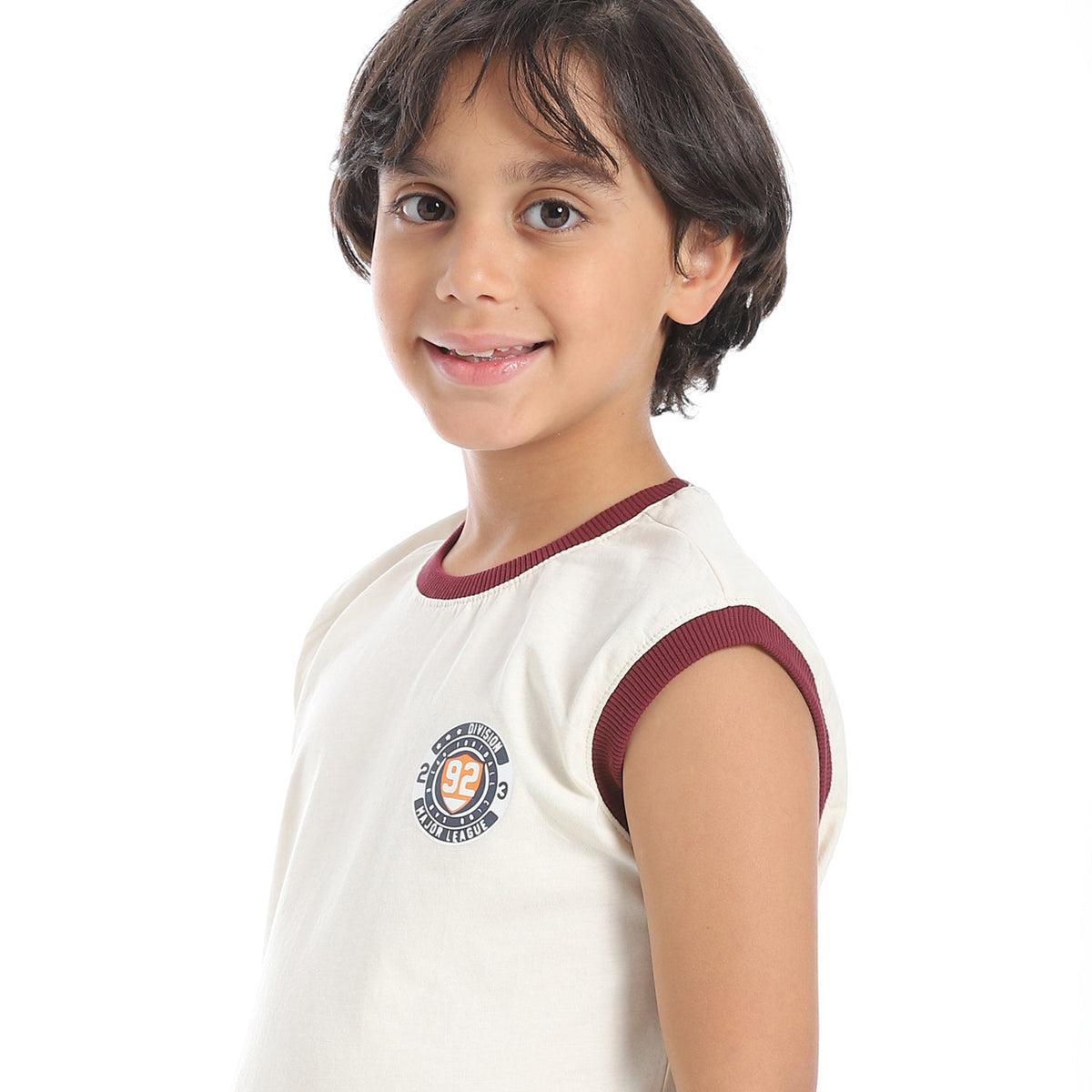 Boys’ Summer Sports Set – White T-Shirt & Maroon Printed Shorts - Red Cotton