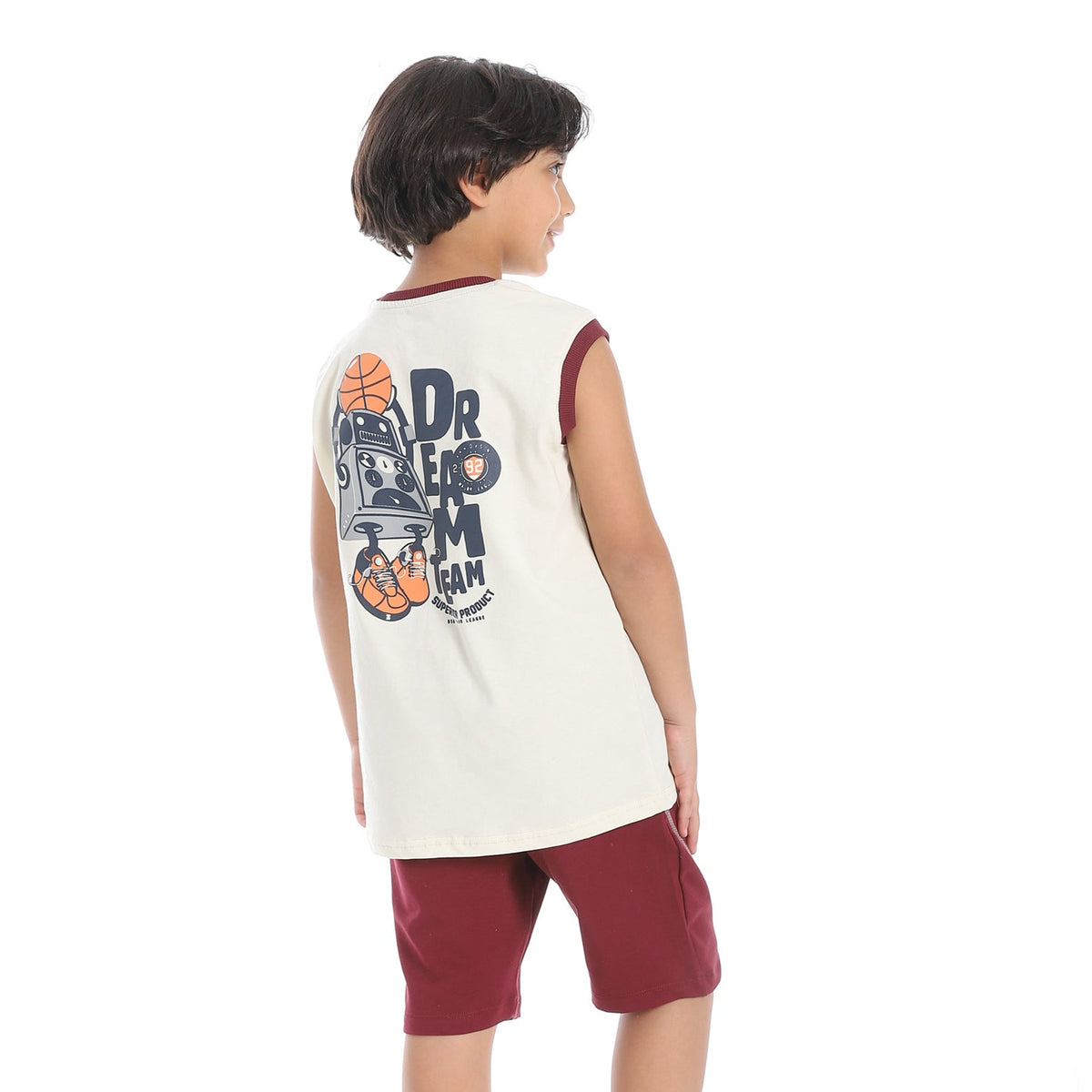 Boys’ Summer Sports Set – White T-Shirt & Maroon Printed Shorts - Red Cotton