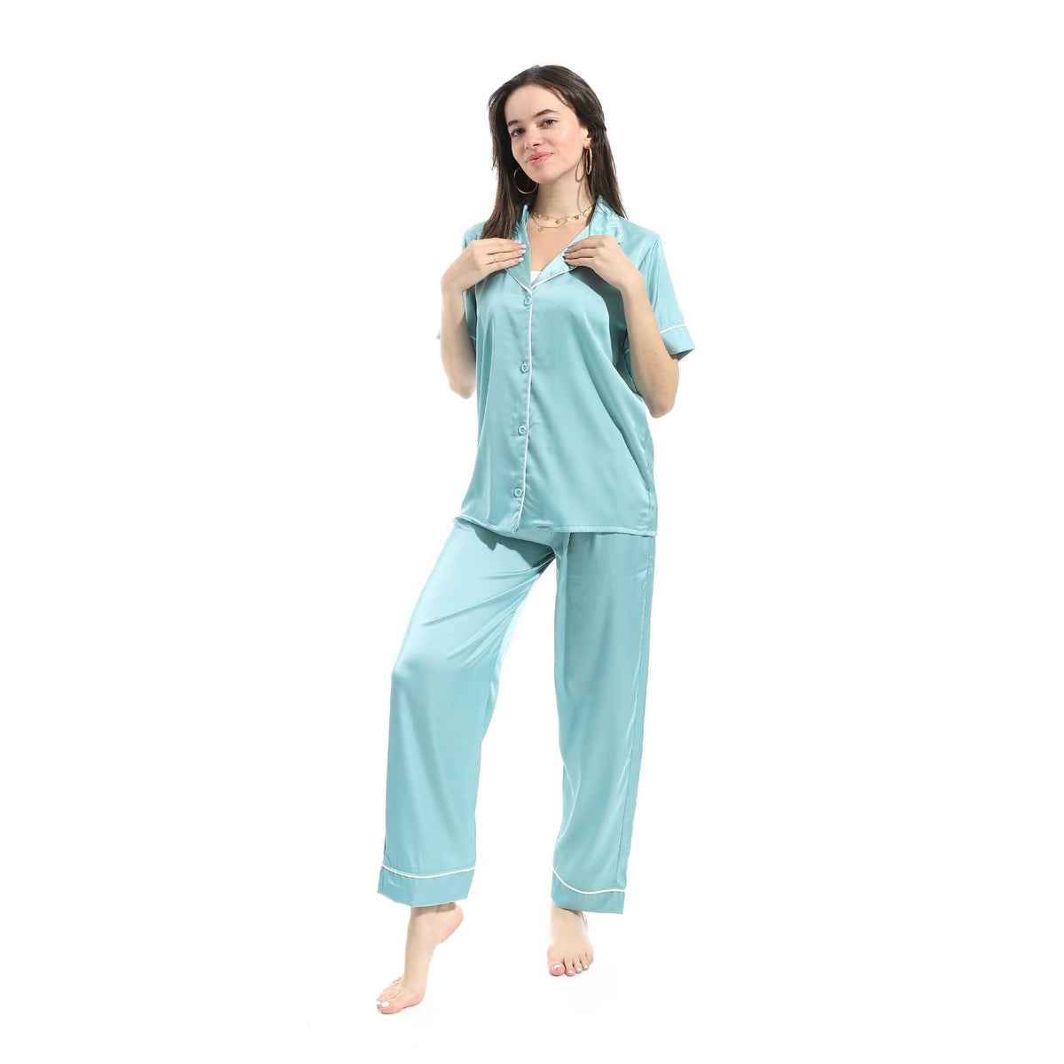 Elegant Satin Women Pajama Set - Blue - Red Cotton
