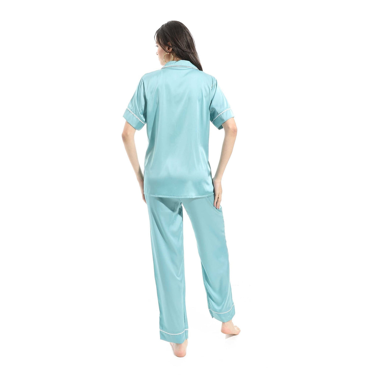 Elegant Satin Women Pajama Set - Blue - Red Cotton